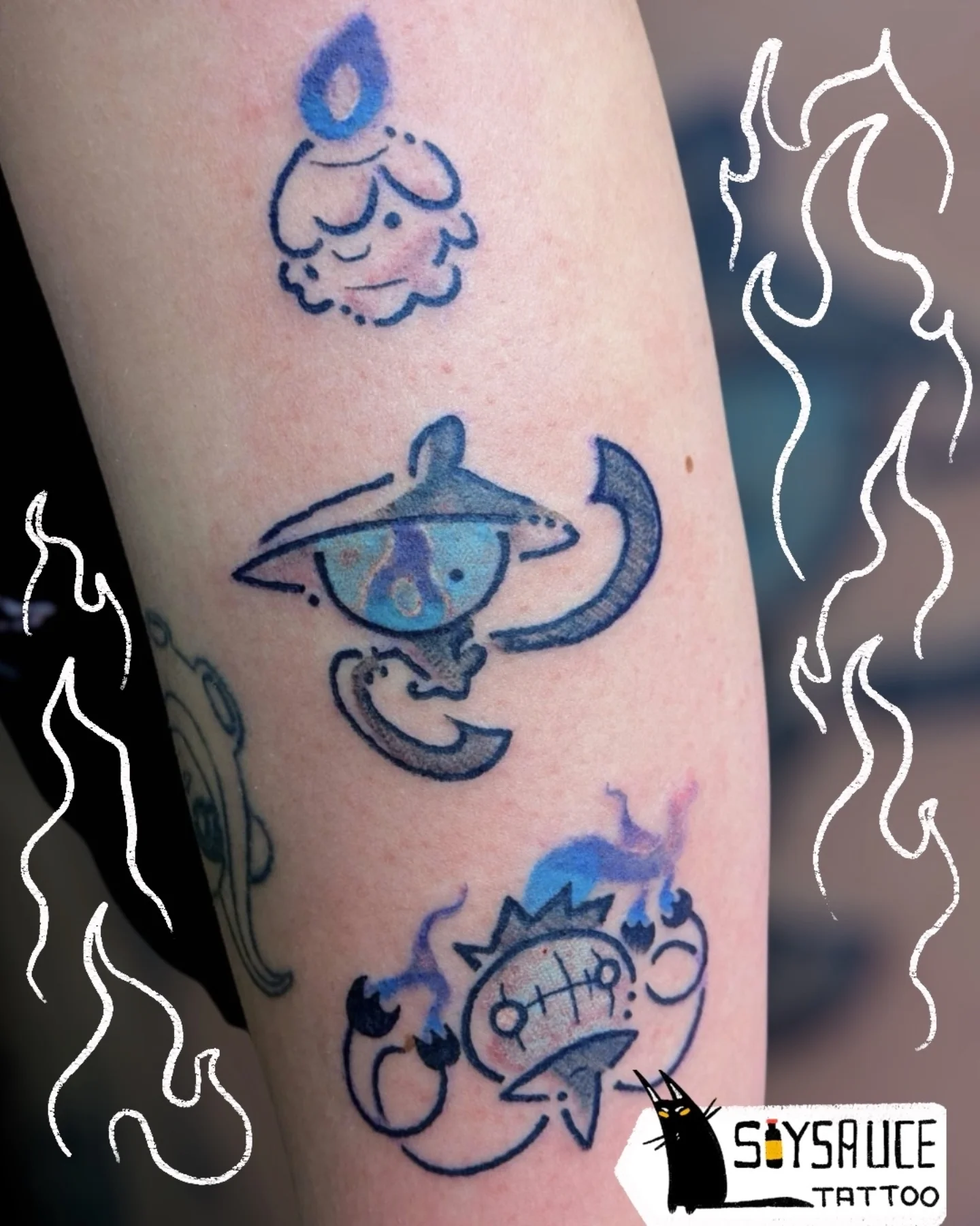 Fantasy creatures watercolor tattoo on the forearm by Zoe Aucoin