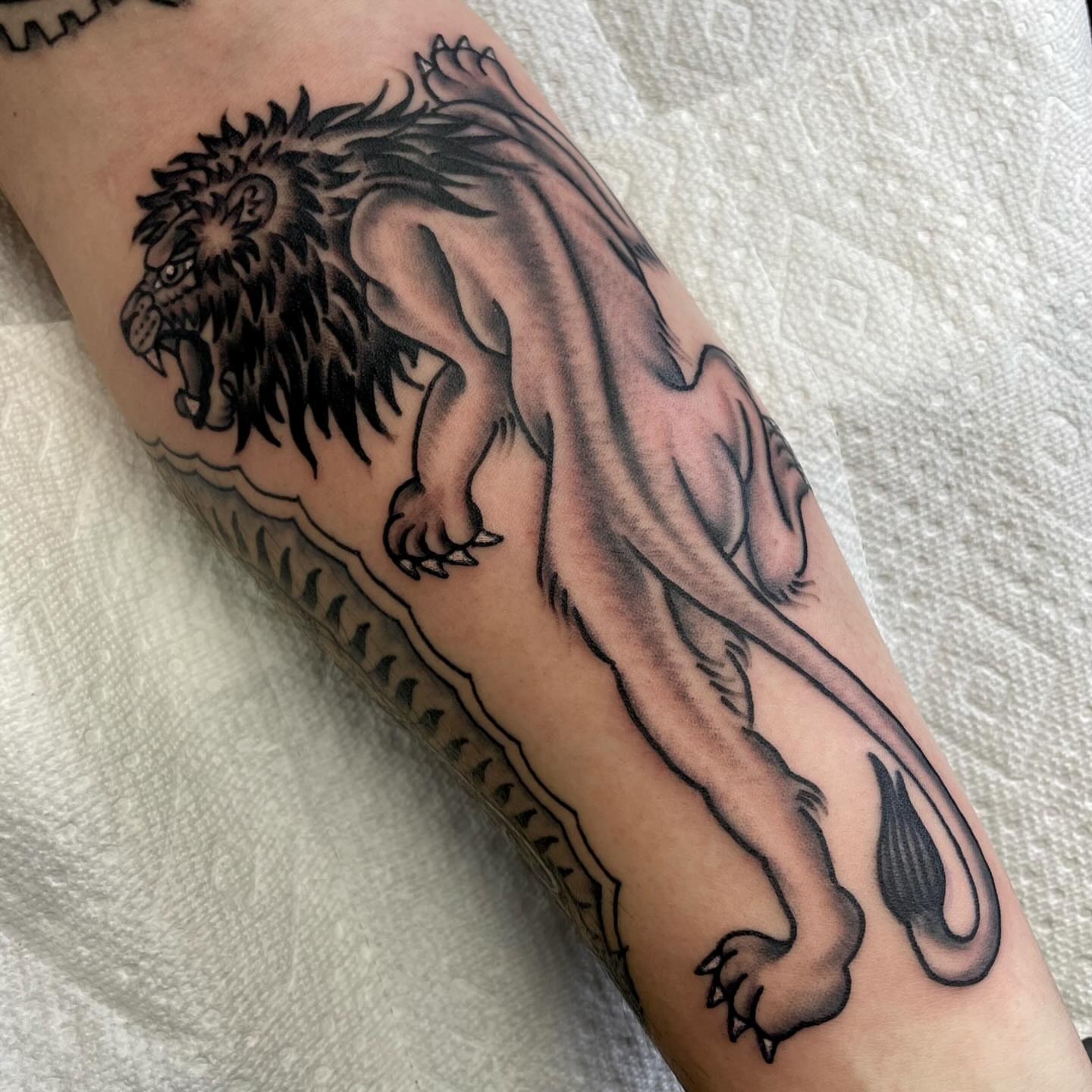 Lion black and grey tattoo on the forearm by 𝐒𝐚𝐦𝐬𝐨𝐧𝐋𝐚𝐳𝐚𝐫𝐭𝐞