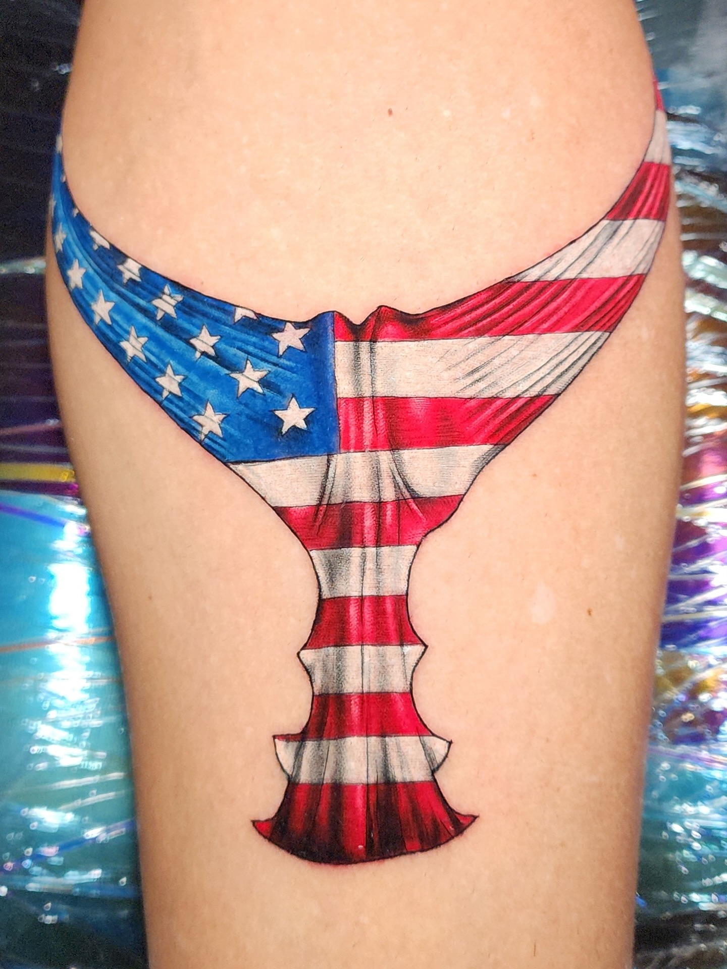 American flag American traditional tattoo on the thigh by Sean OHara