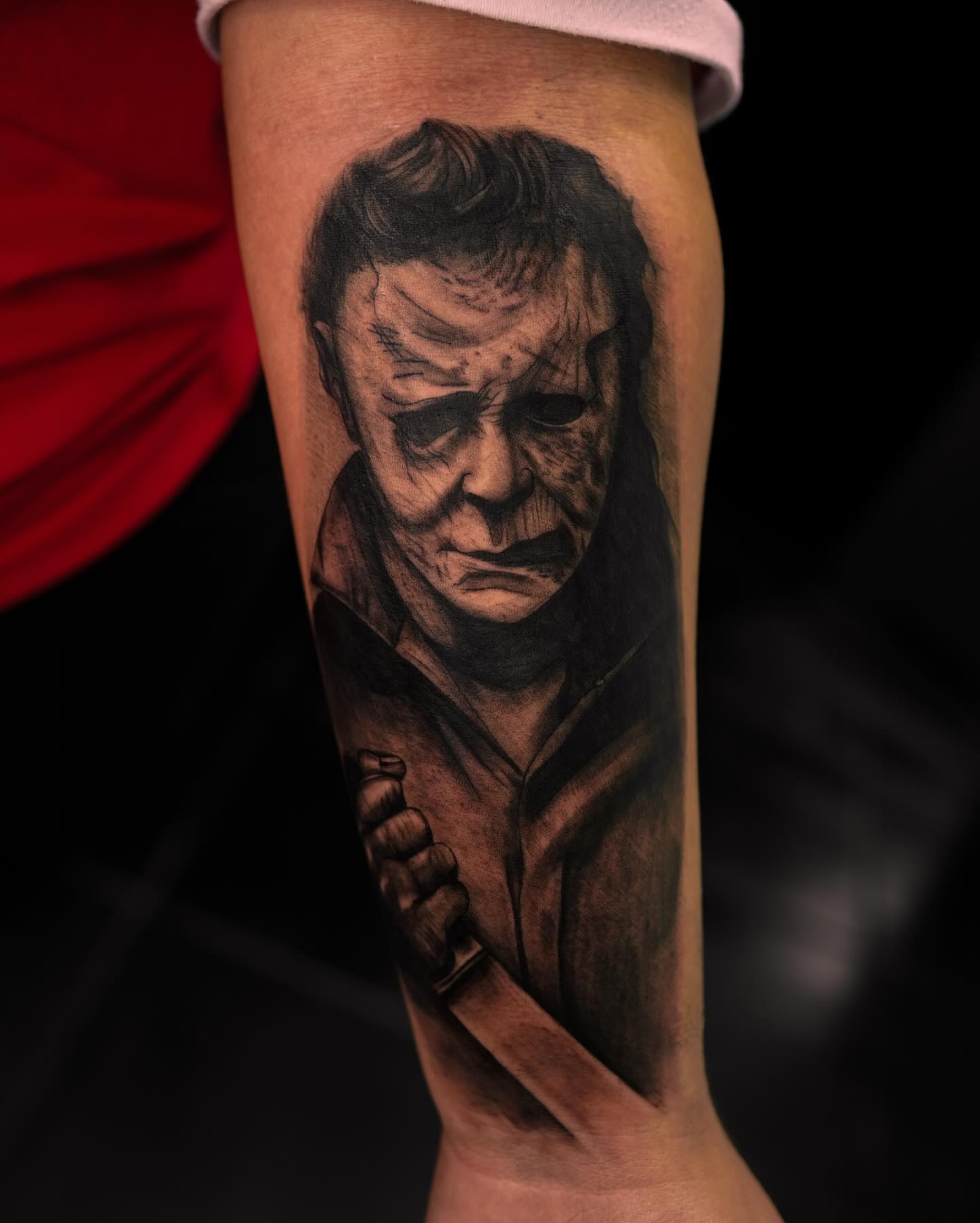 Michael Myers realism tattoo on the forearm by Rachel