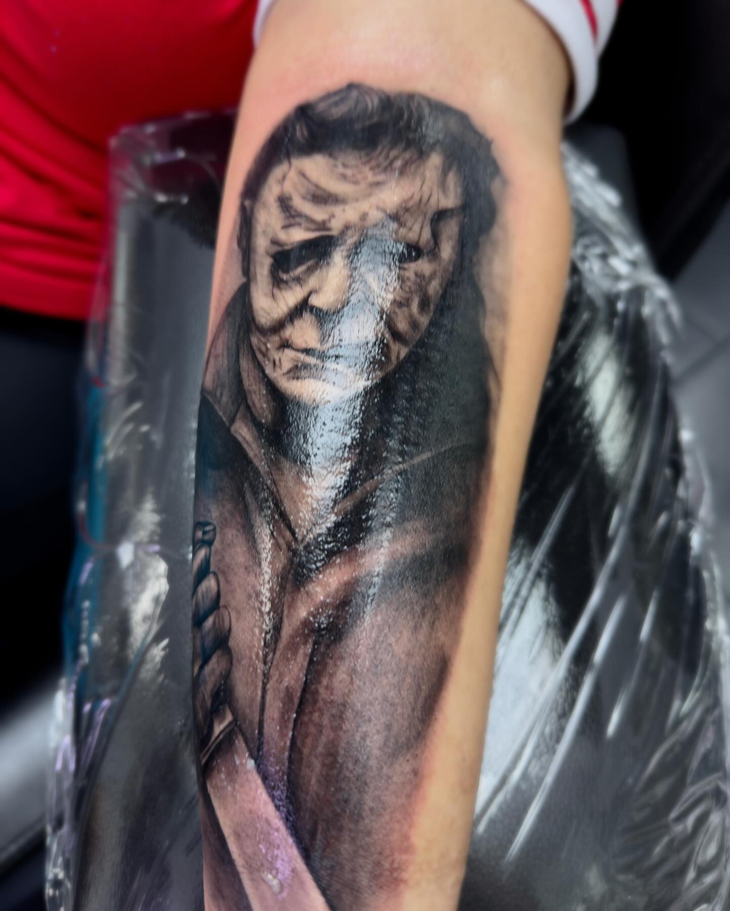 Michael Myers realism tattoo on the forearm by Rachel