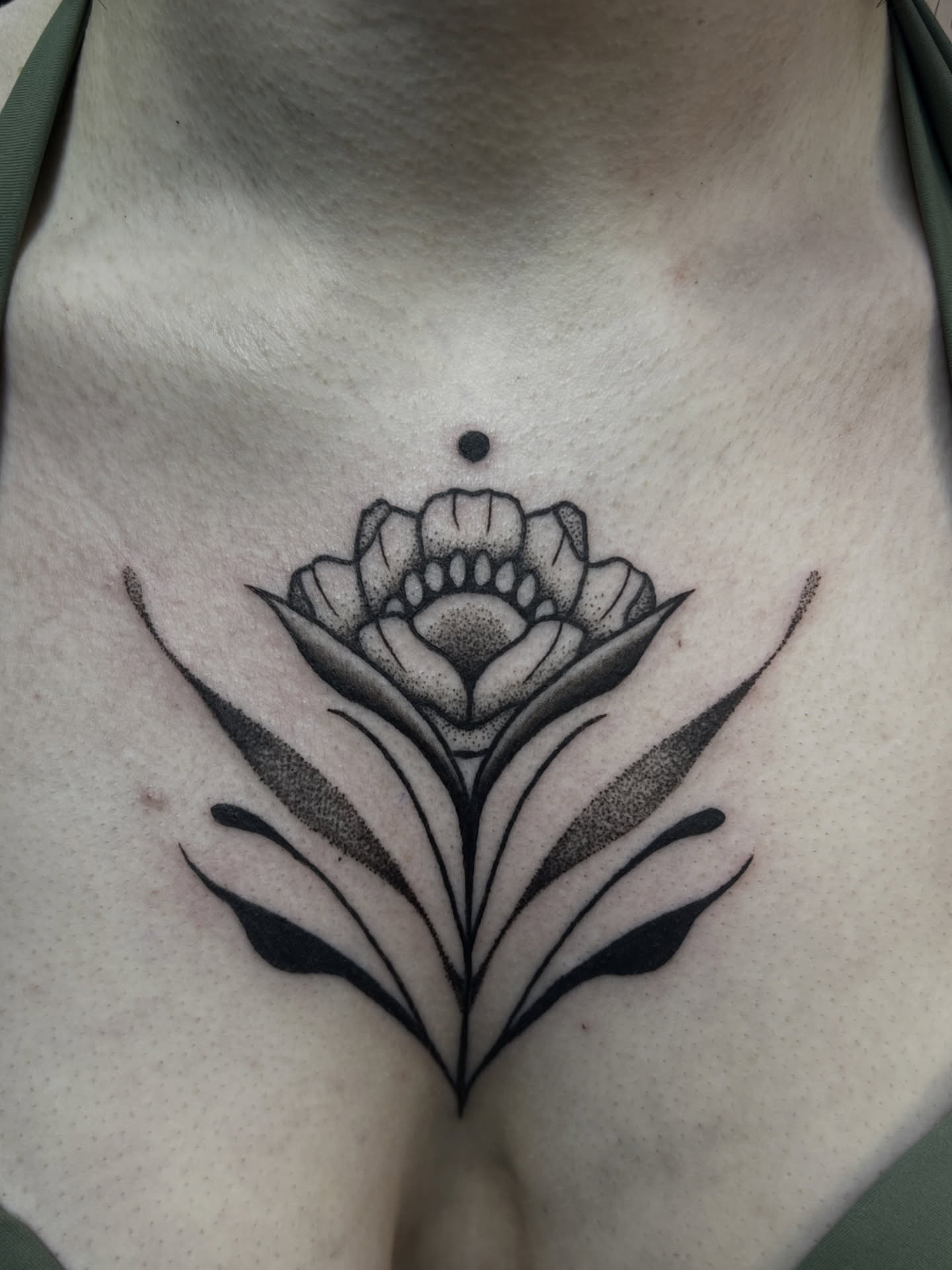 Flower dotwork tattoo on the chest by 𝑴𝒂𝒚𝒂𖤐𝑫𝒆𝑽𝒊𝒏𝒆, Dayton, Ohio