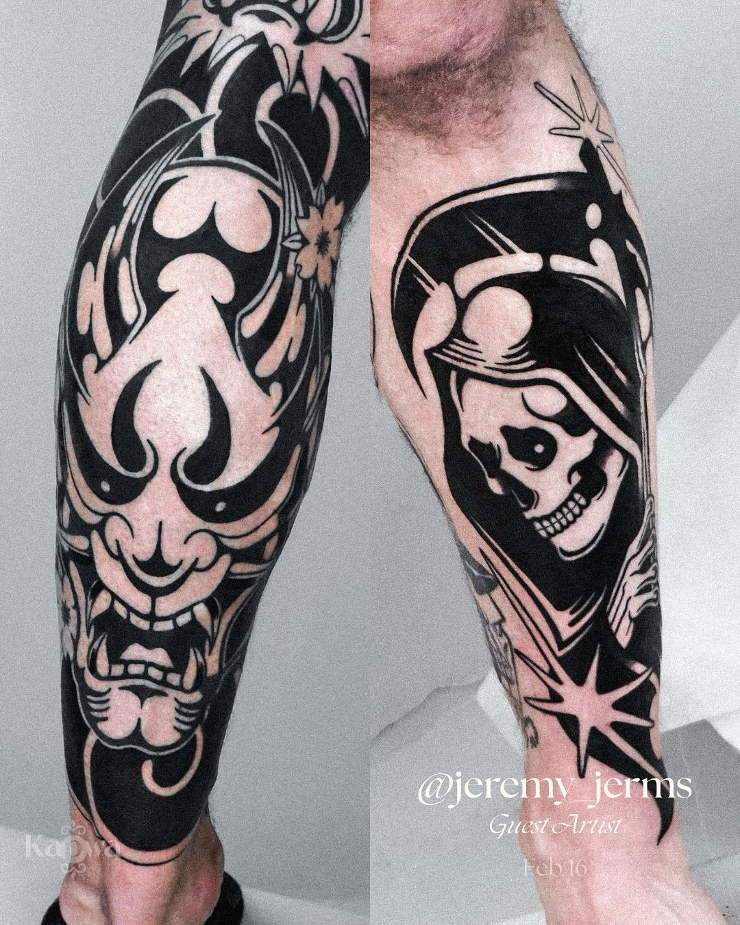 Japanese mask and grim reaper American traditional tattoo on the forearm by Jeremy "Jerms" Camposanto