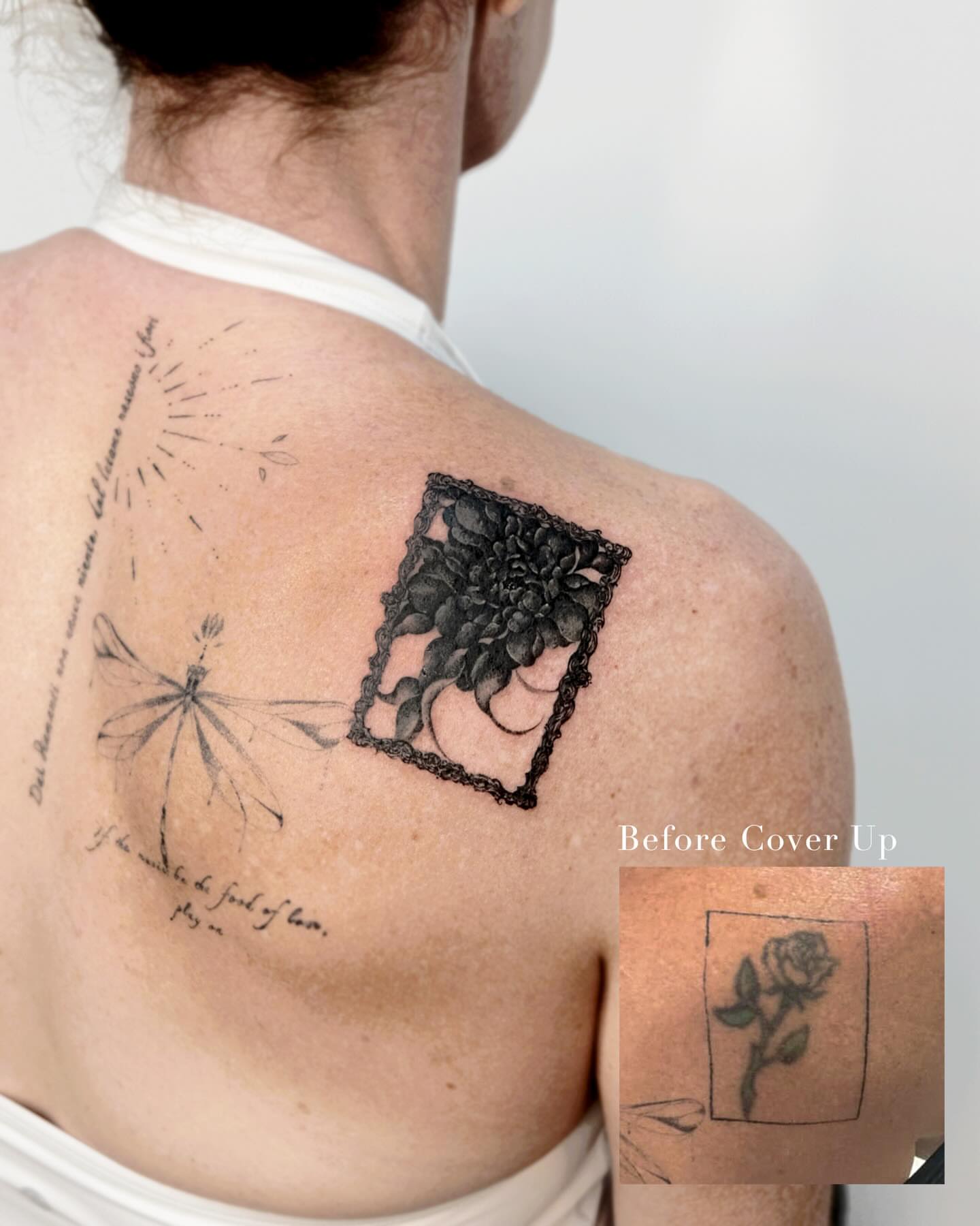 Dandelion and flower black and grey tattoo on the back by 애박 ⋆⁺₊ ₊⁺⋆ Aebak