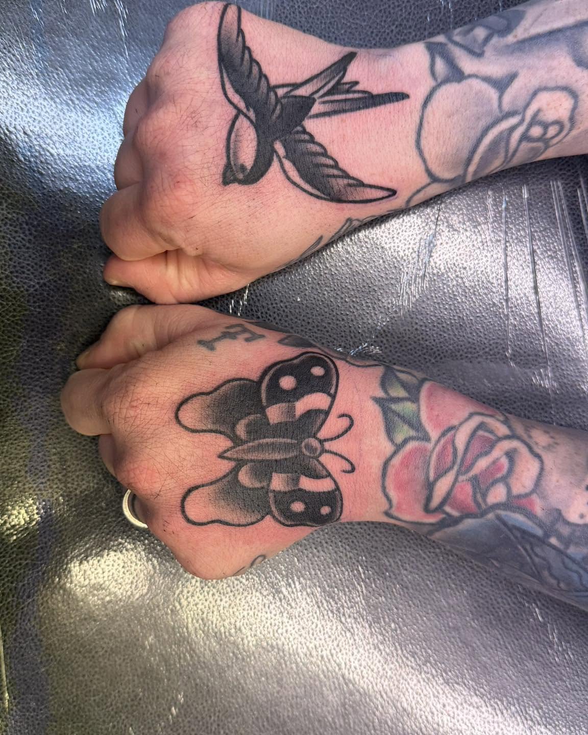 Swallow and mushroom American traditional tattoo on the forearm by Josh Roberts, Franklin, Ohio