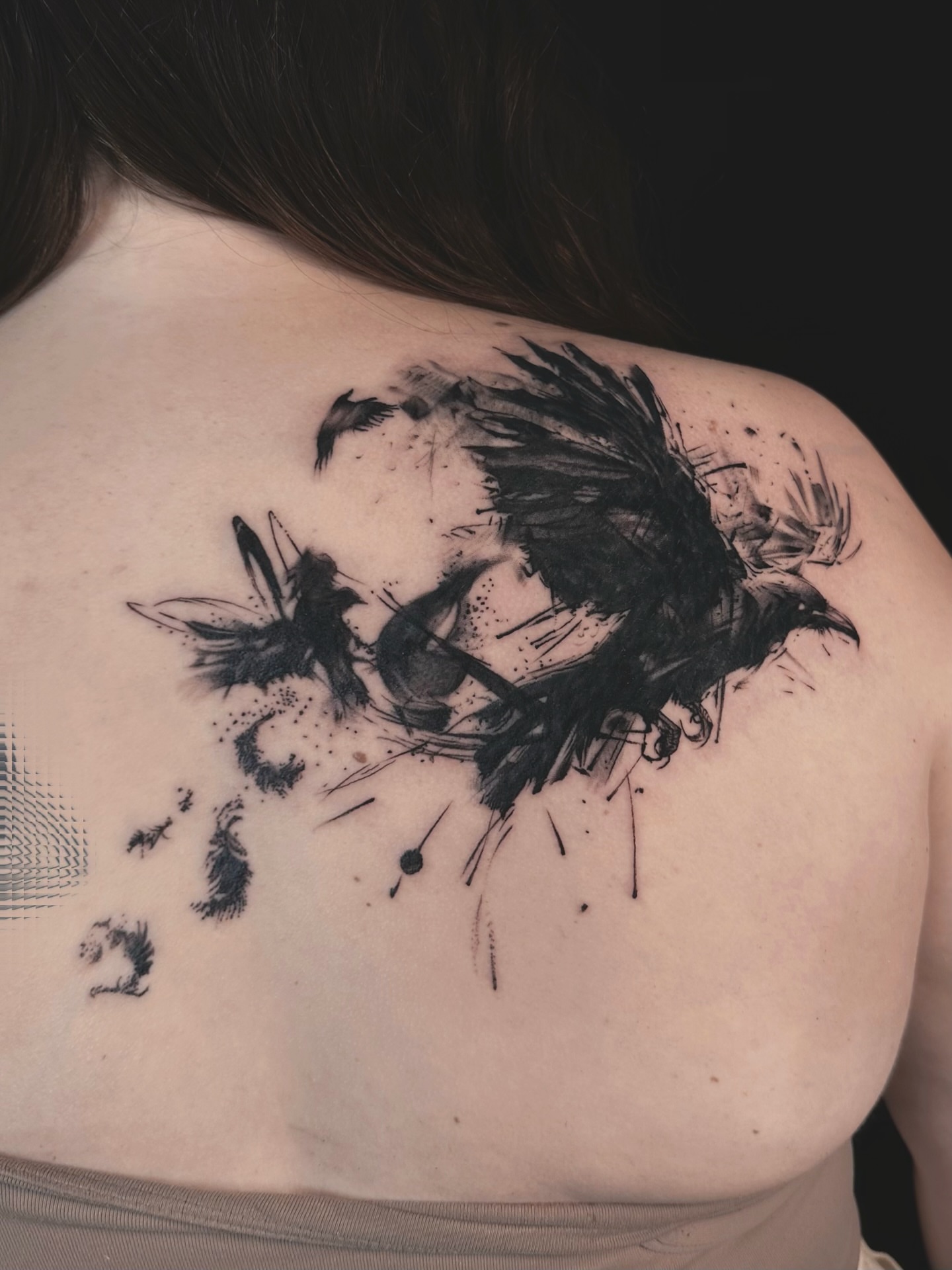 Crow dotwork tattoo on the shoulder by Abi