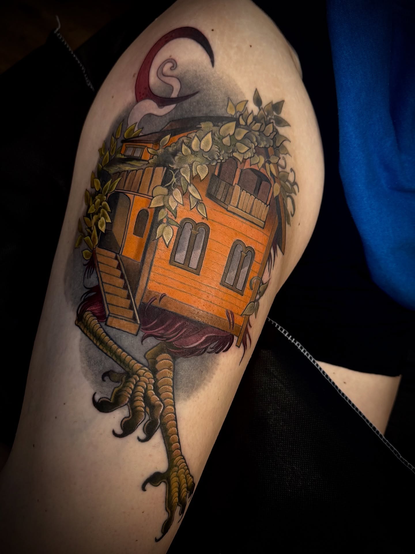 House with dragon American traditional tattoo on the forearm by Jessica Brown