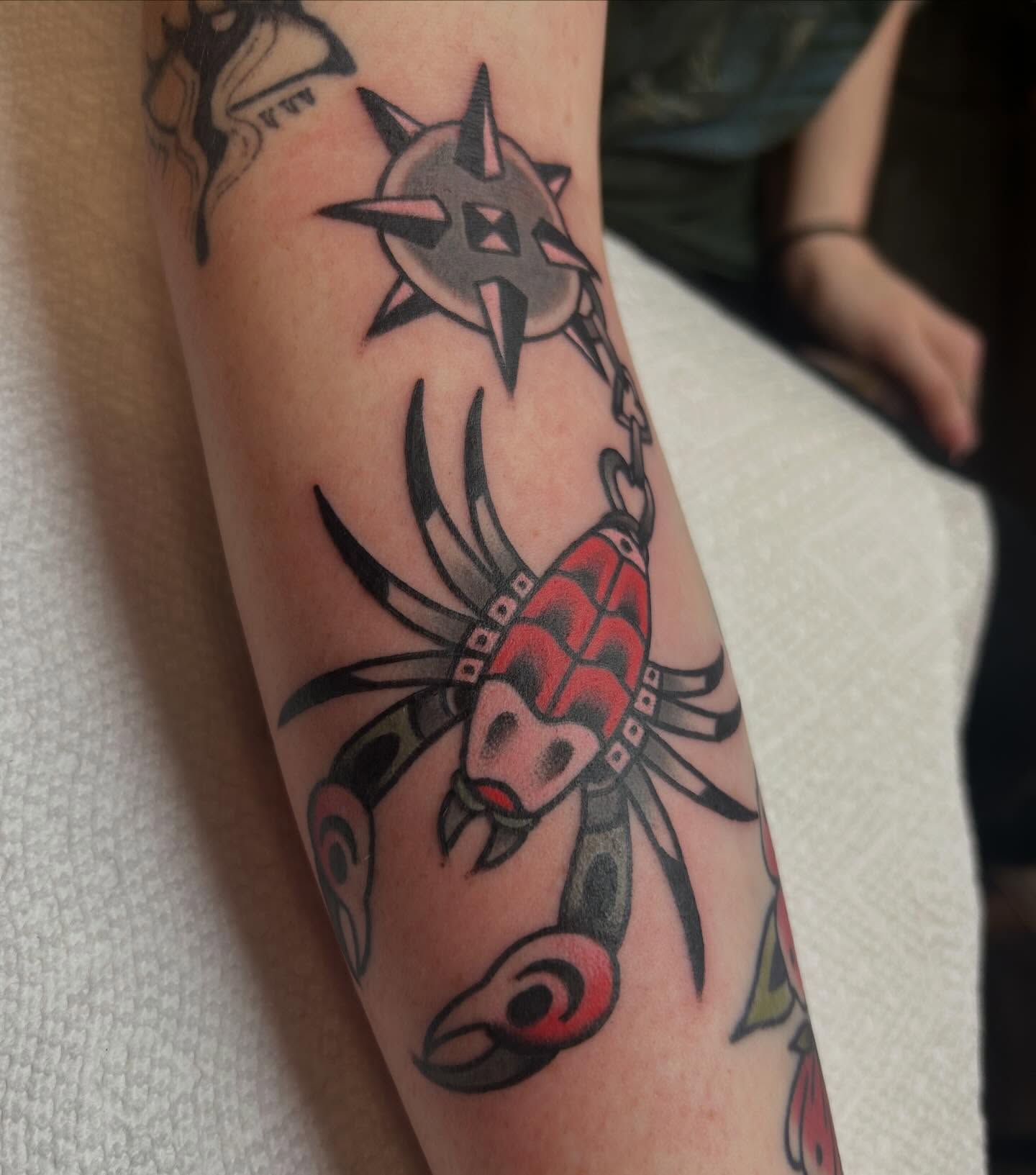 Scorpion American traditional tattoo on the forearm by Kelsey Lyons