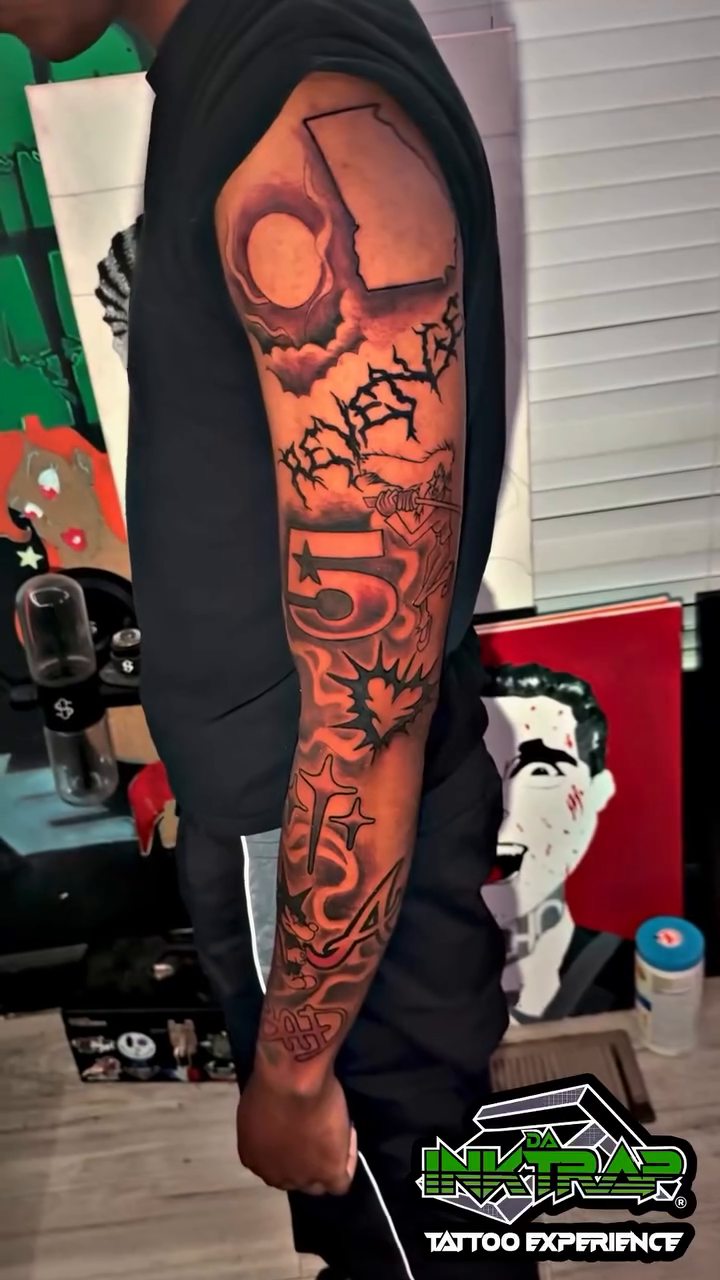 Sleeve with various elements realism tattoo by Atlanta Tattoo Artist βπ½