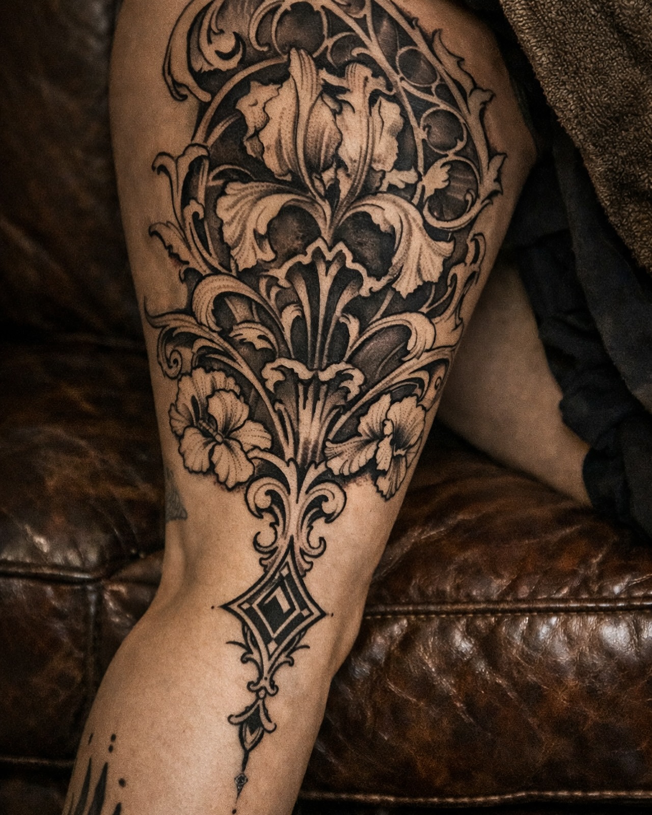 Floral ornament ornamental tattoo on the forearm by David Garner, Los Angeles, California