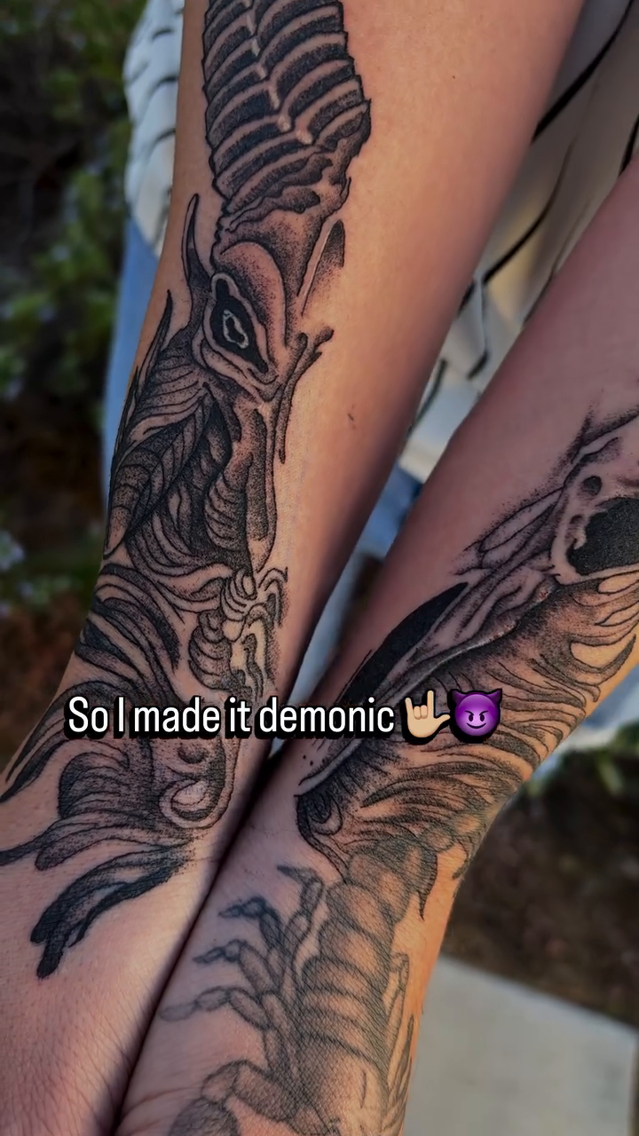 Demonic creature tattoo on arms dark art tattoo on the forearm by Cece, Las Vegas, Nevada