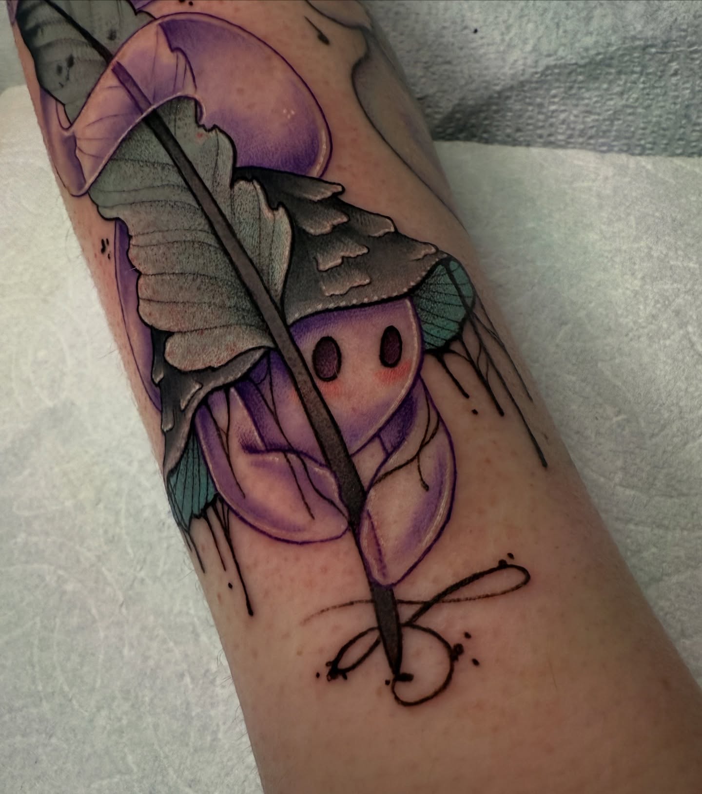 Ghost with feather dotwork tattoo on the forearm by Maia Papaya Tattoos 🐝 Olympia Tattoo Artist