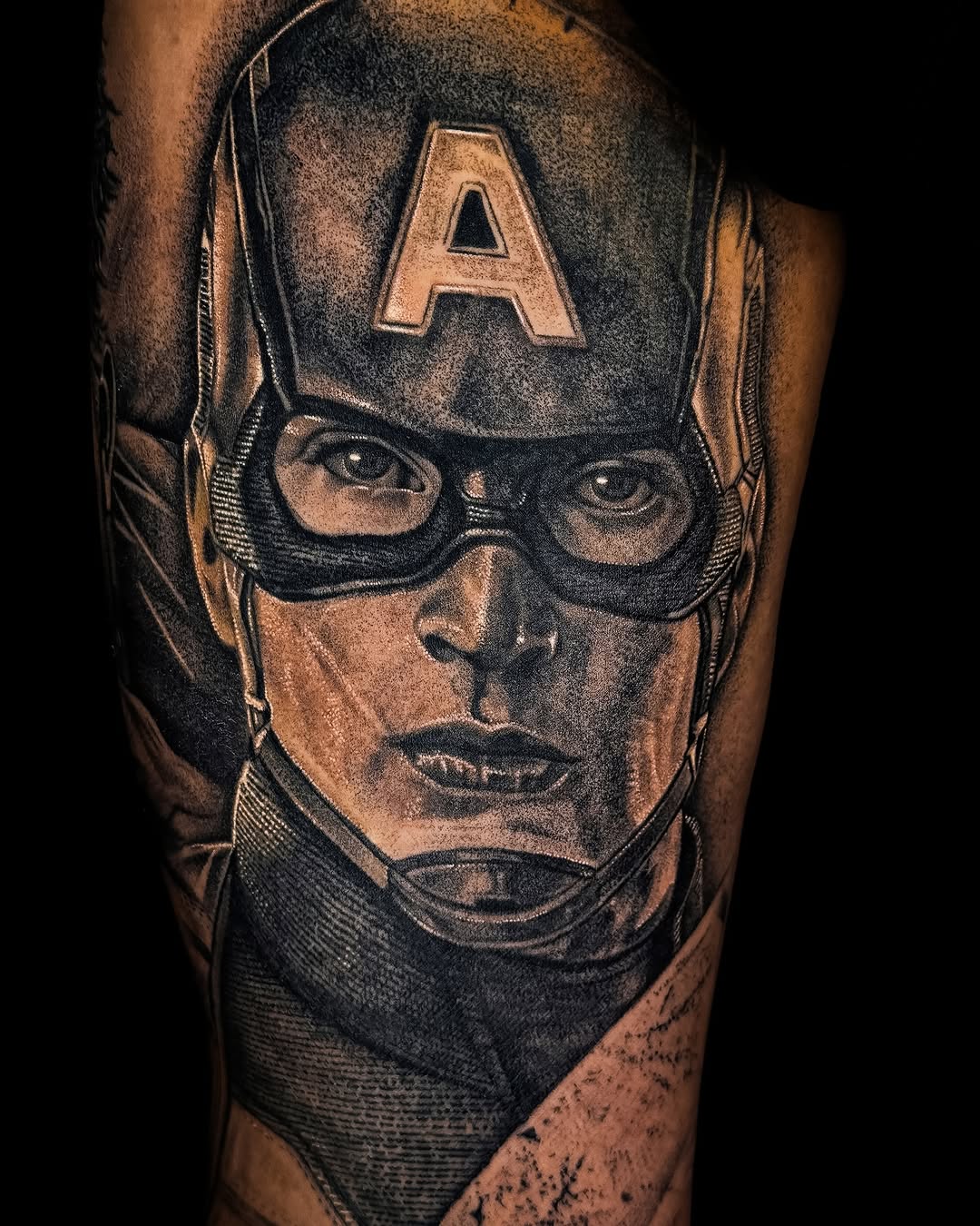Captain America portrait new school tattoo on the forearm by Mak$ Brand