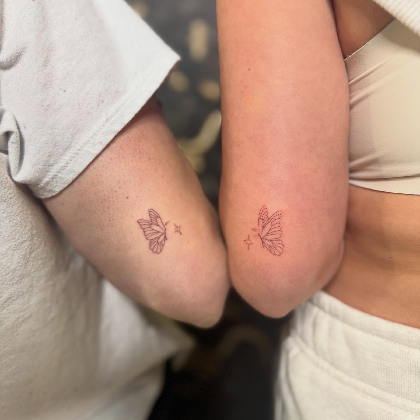 Butterfly fine line tattoo on the forearm by Fineline Tattoos π€ Hailey L.