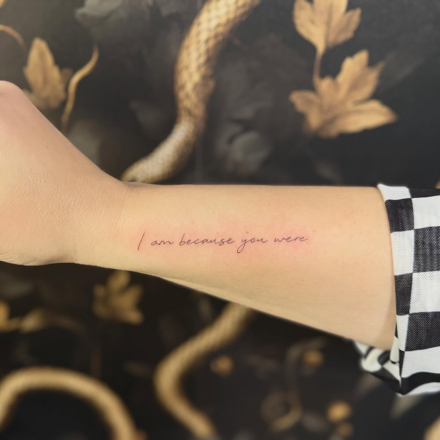 I am because you were lettering script tattoo on the forearm by Fineline Tattoos π€ Hailey L.