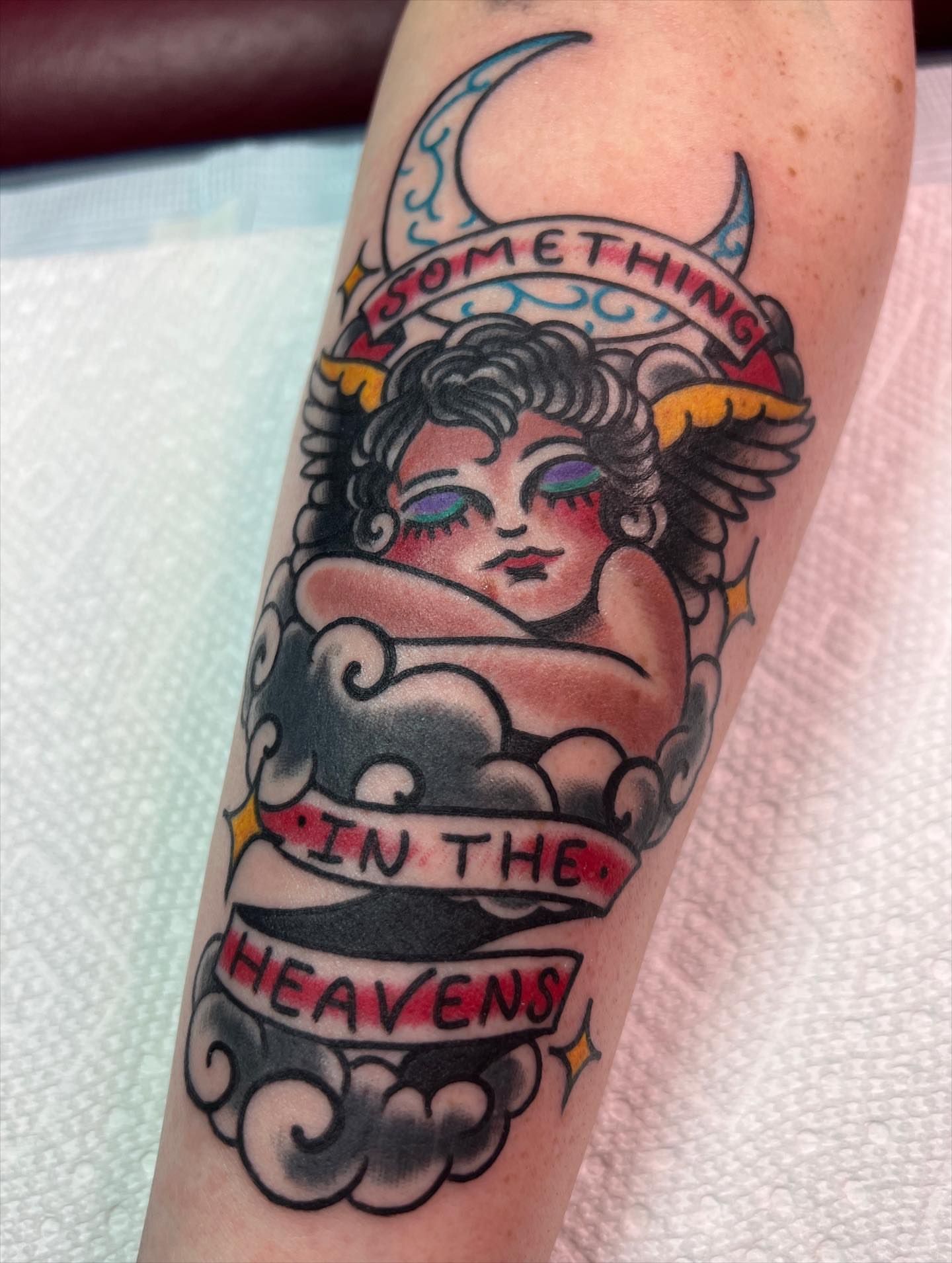 Cherub American traditional tattoo on the forearm by Steven Blackheart