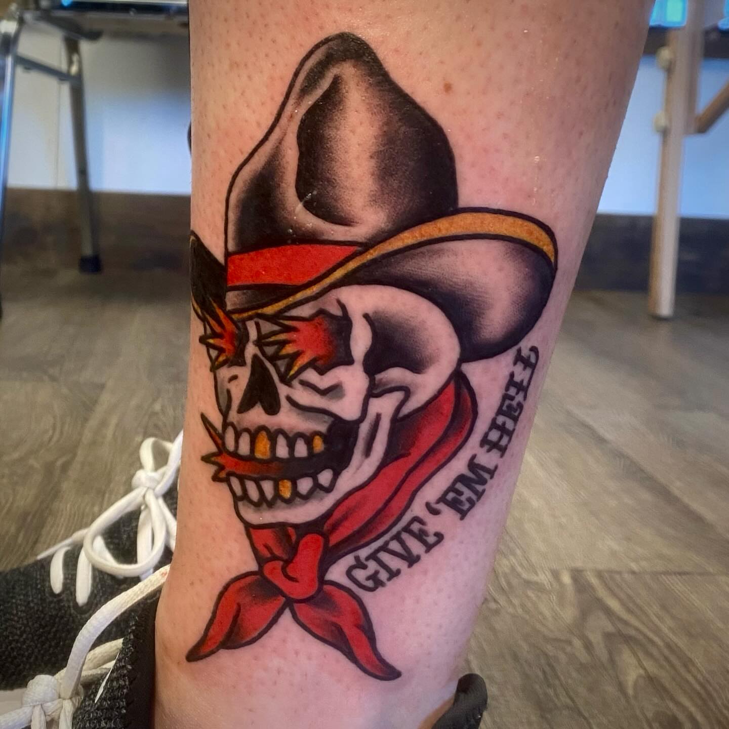 Cowboy skull American traditional tattoo on the forearm by Las Vegas Tattoo Artist