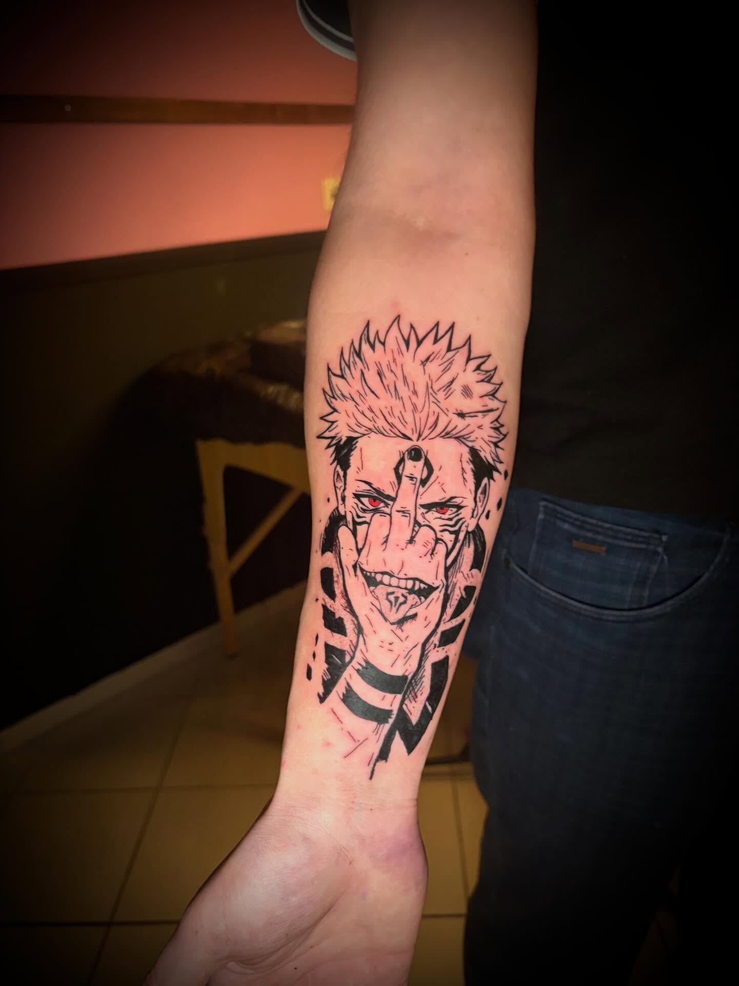Japanese demon dotwork tattoo on the forearm by lu ๐