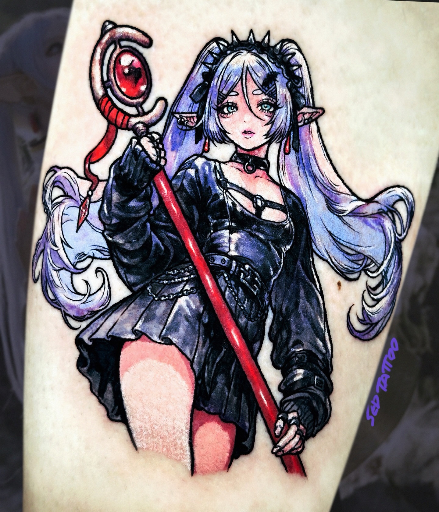 Elf-like character anime tattoo on the thigh by Sed