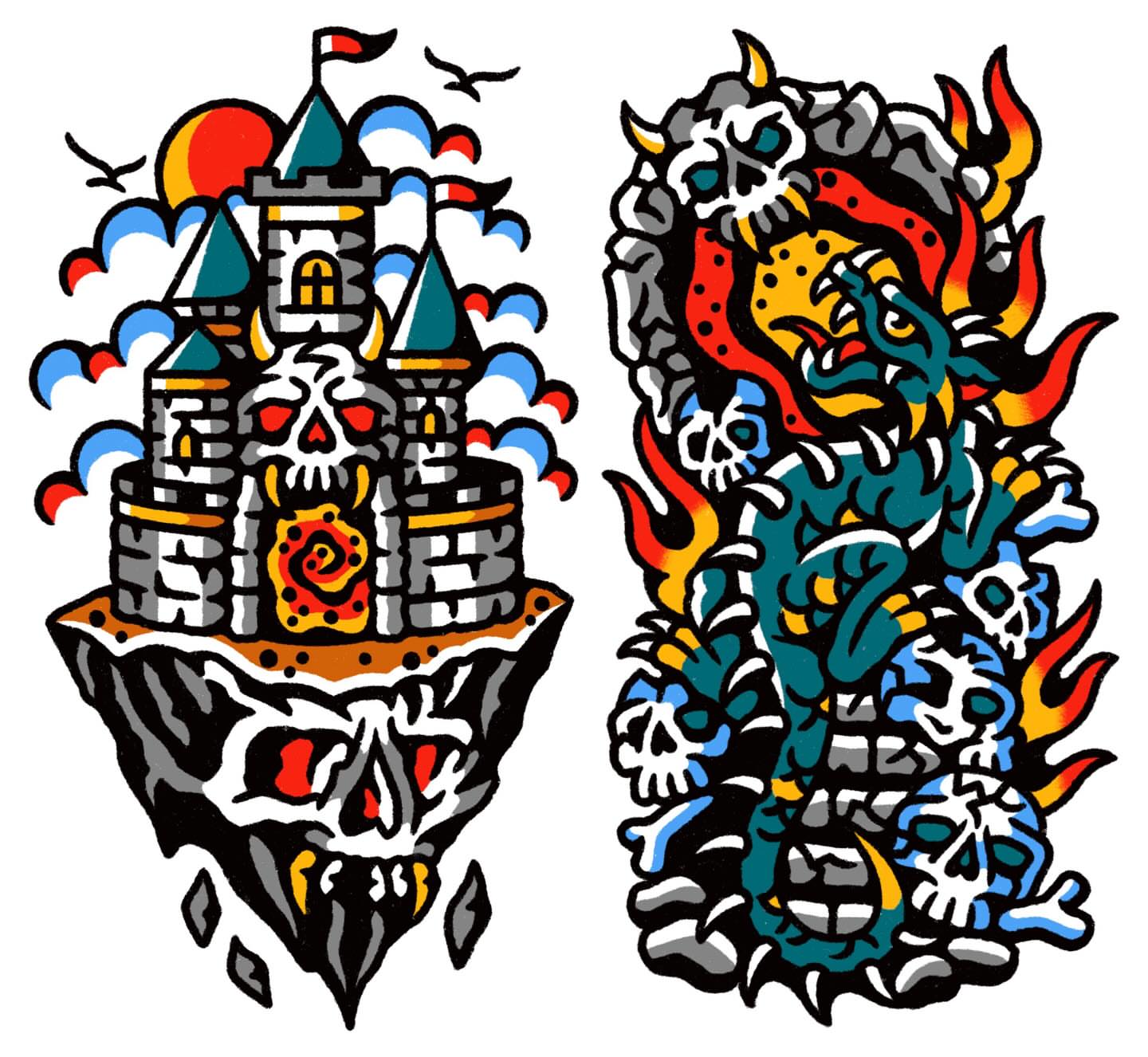 Castle and skulls American traditional tattoo by Oldschool Tattooer Takii 타키