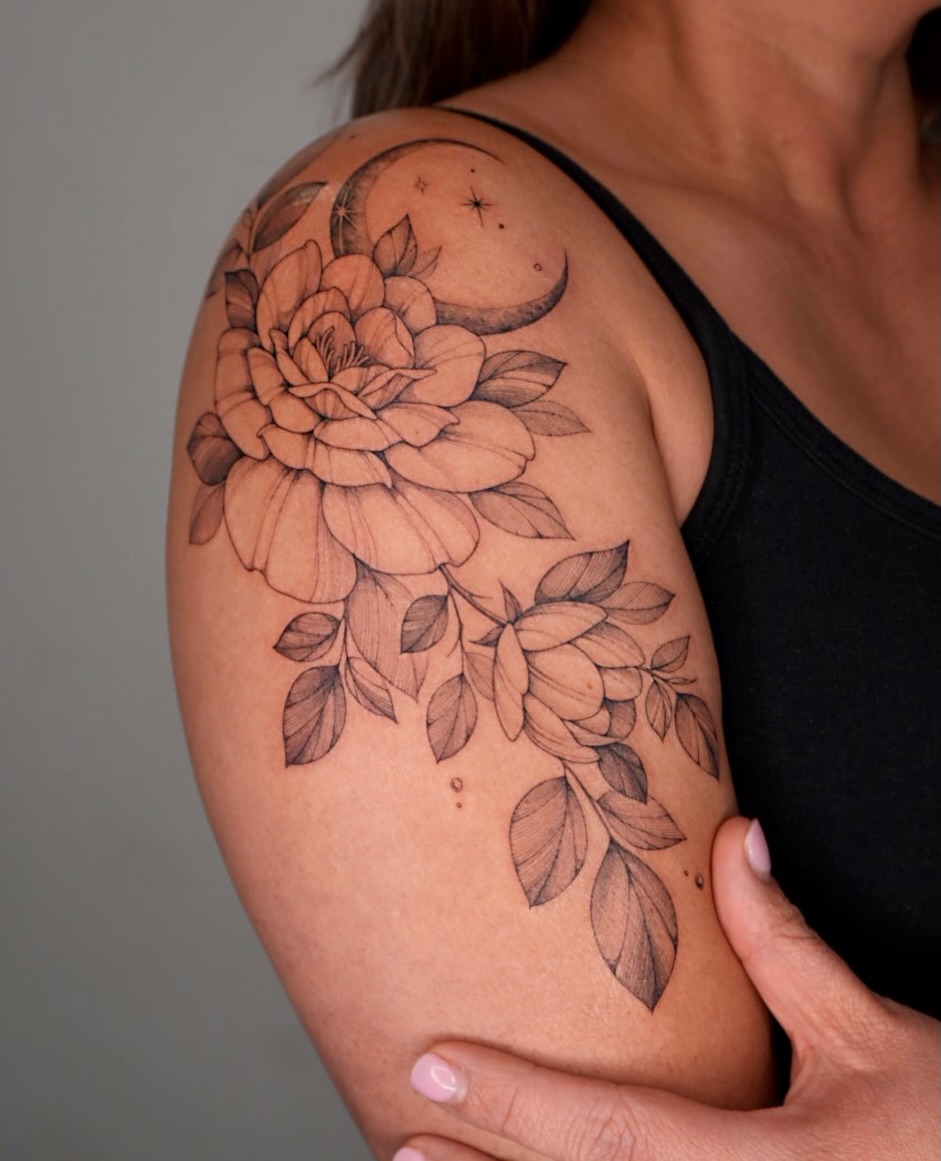 Flower and crescent moon realism tattoo on the shoulder by Hyn[hin]