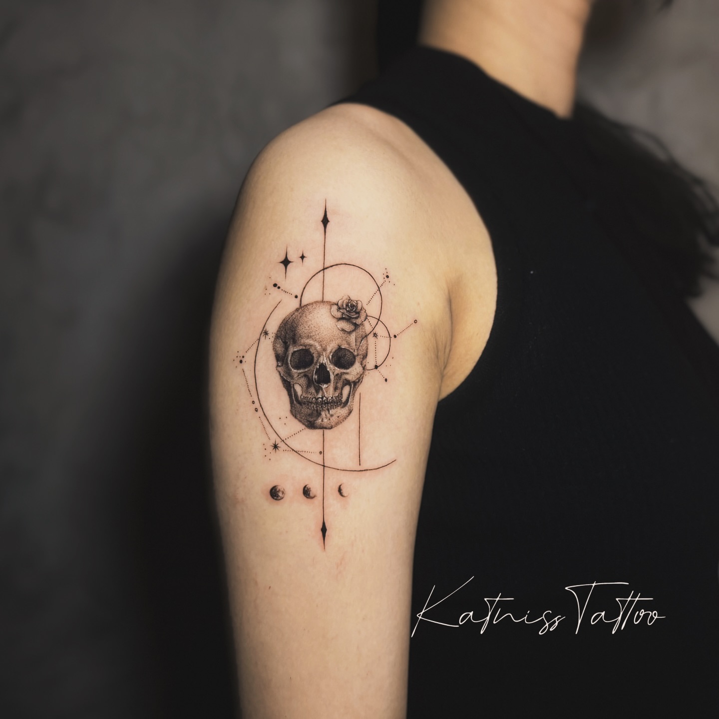 Skull with celestial elements dotwork tattoo on the shoulder by 𝙆𝙖𝙩𝙣𝙞𝙨𝙨
