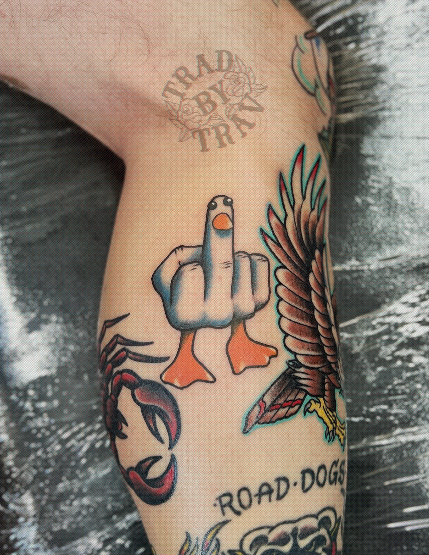 Middle finger duck American traditional tattoo on the forearm by Travis B