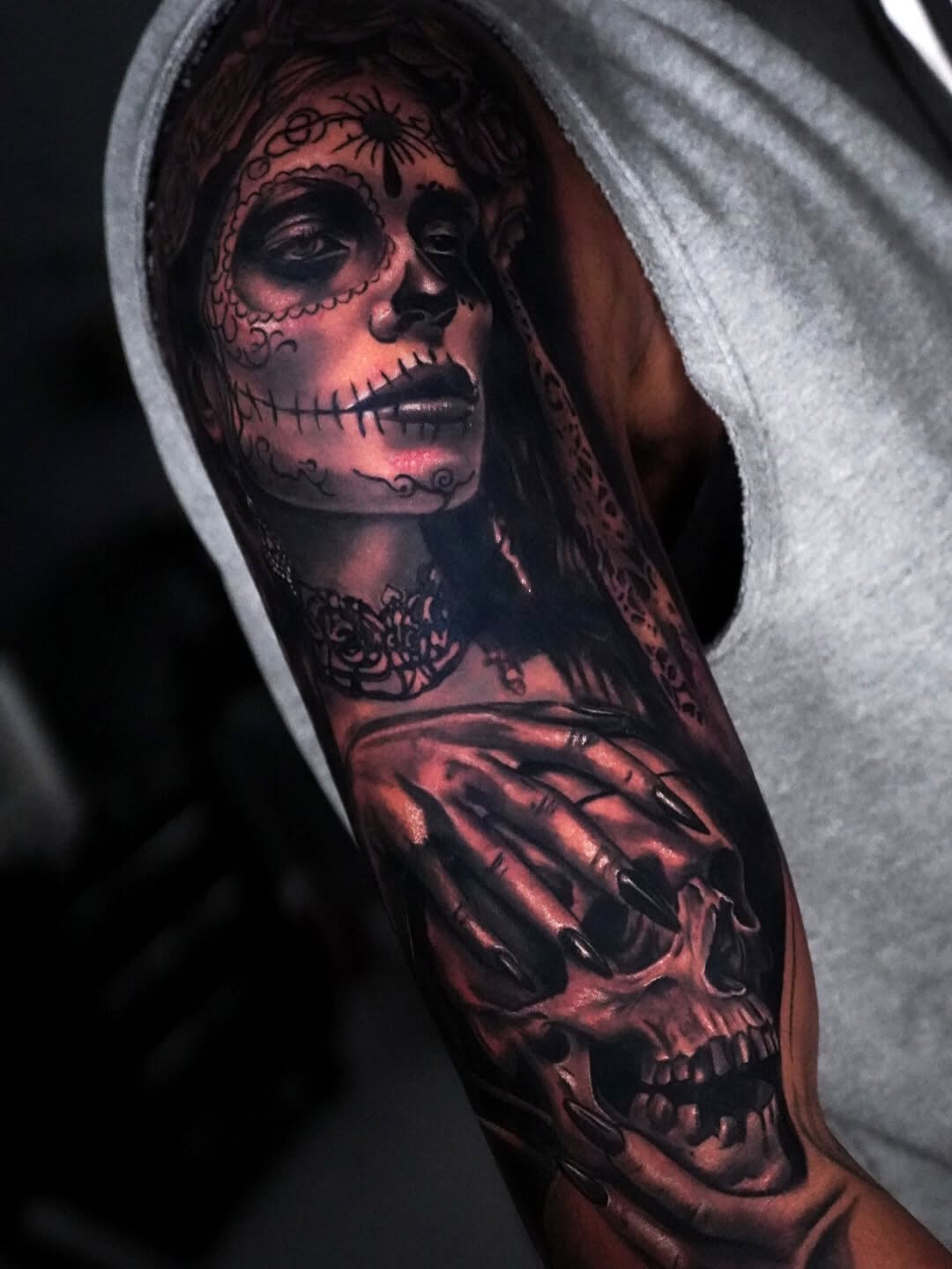 Sugar skull woman and skull realism tattoo on the forearm by ✝️ Nicholas Fernandez ✝️