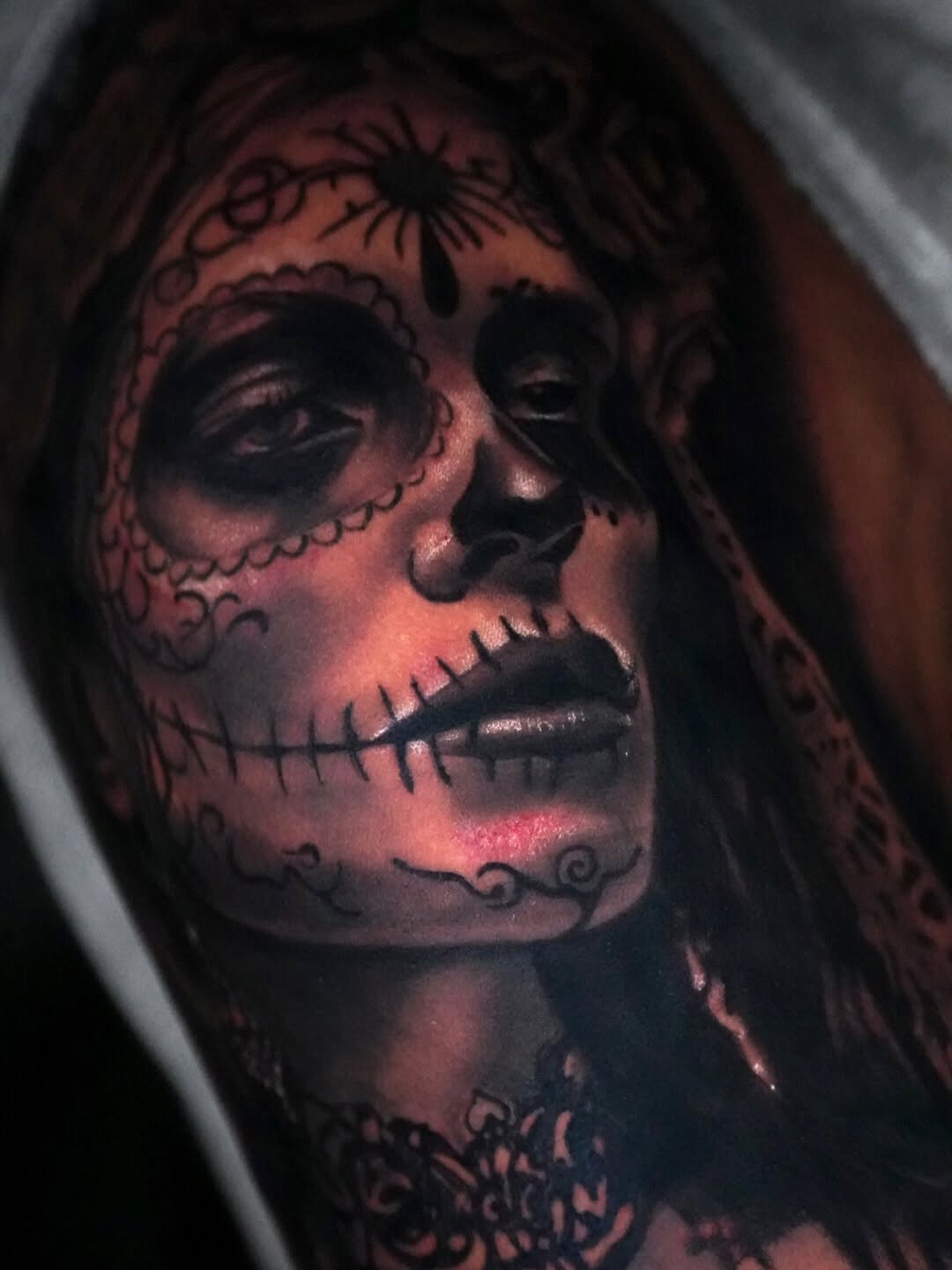 Sugar skull woman realism tattoo on the head by ✝️ Nicholas Fernandez ✝️