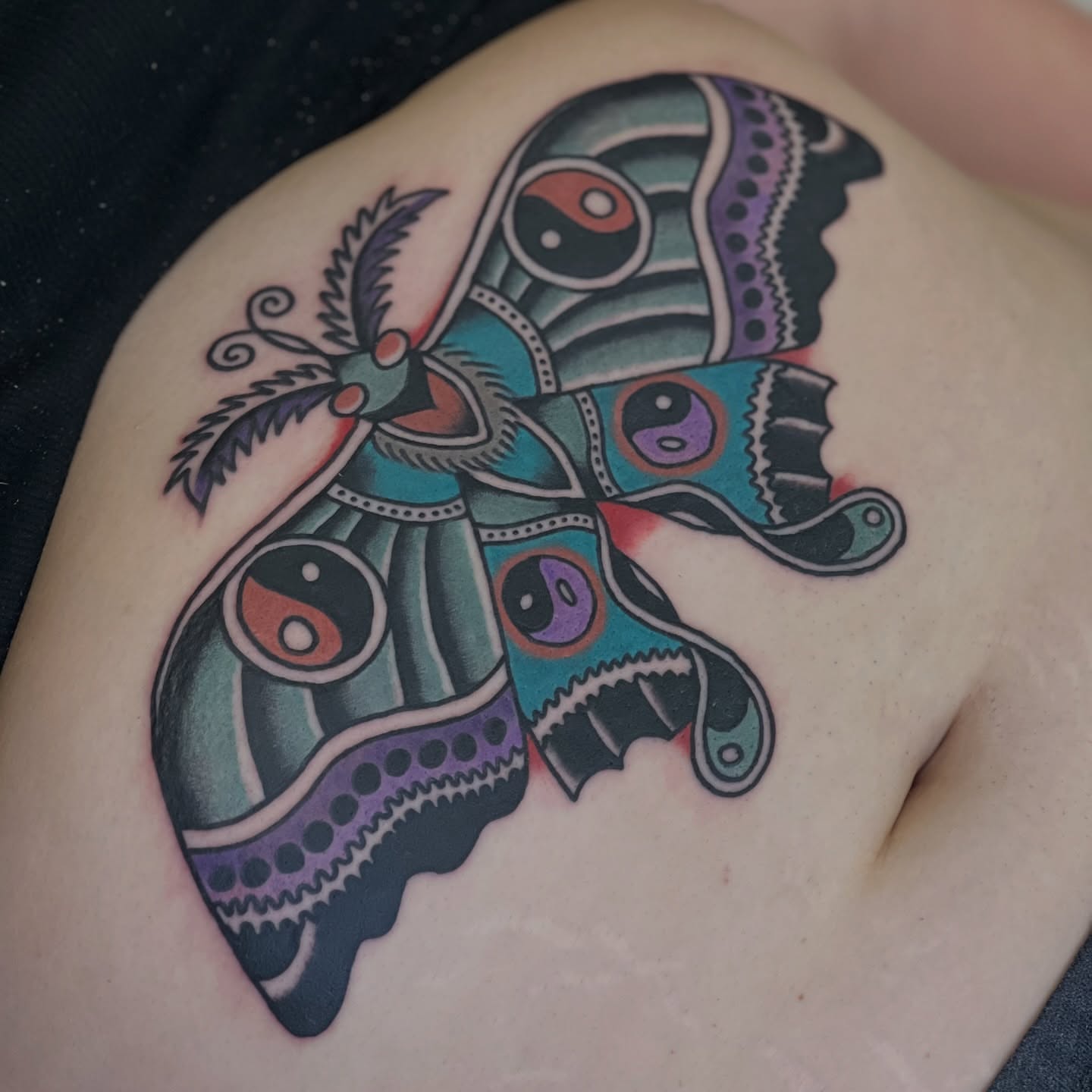 Butterfly American traditional tattoo on the shoulder by morganhabe