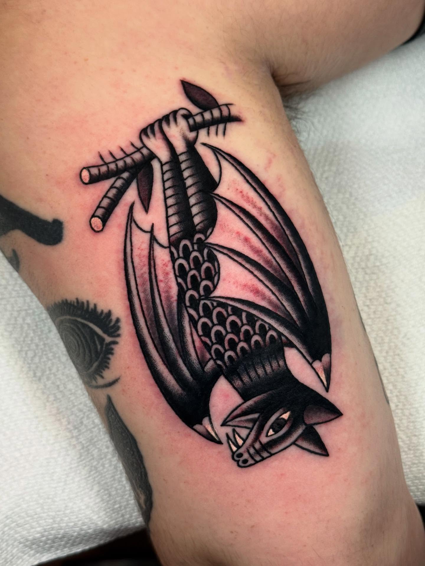 Dragon American traditional tattoo on the forearm by Collin Rigsby, Minneapolis, Minnesota