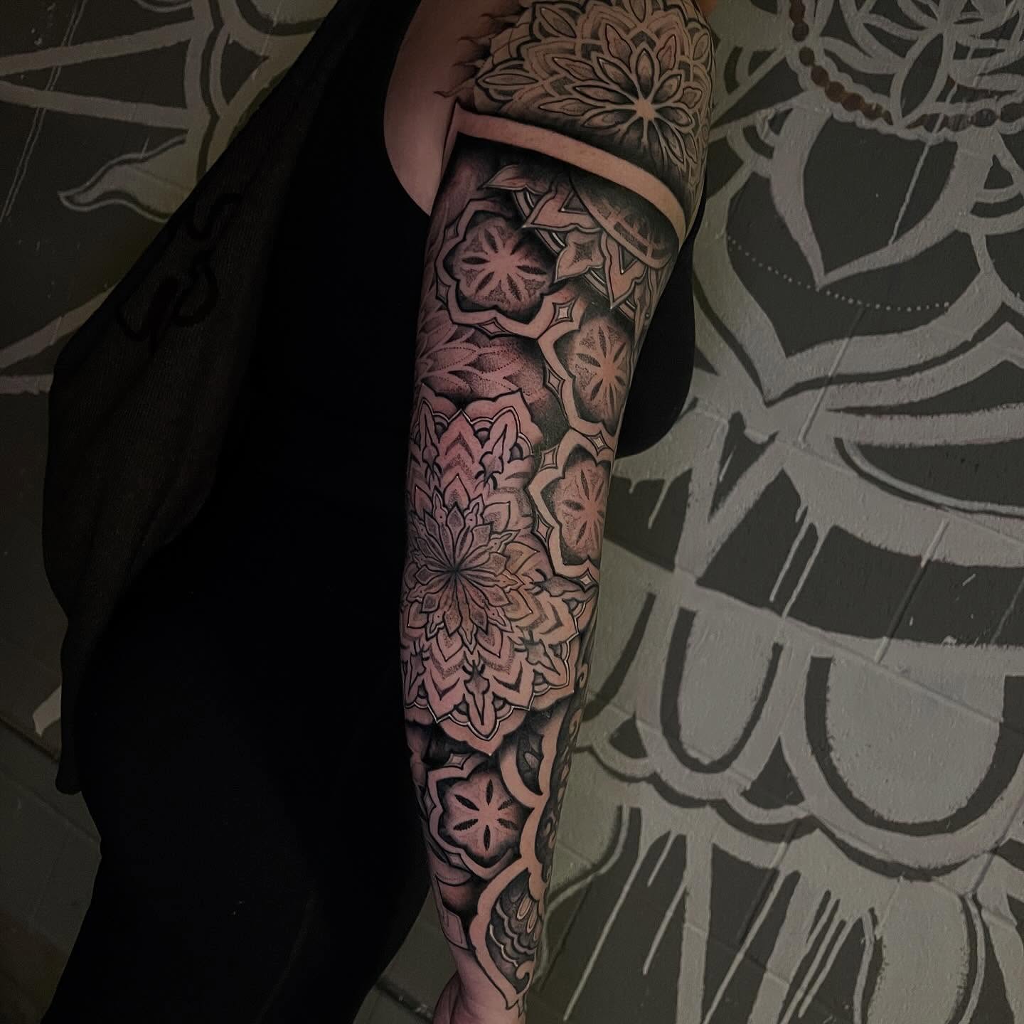 Geometric patterns geometric tattoo on the forearm by Brandon Mola, Chicago, Illinois