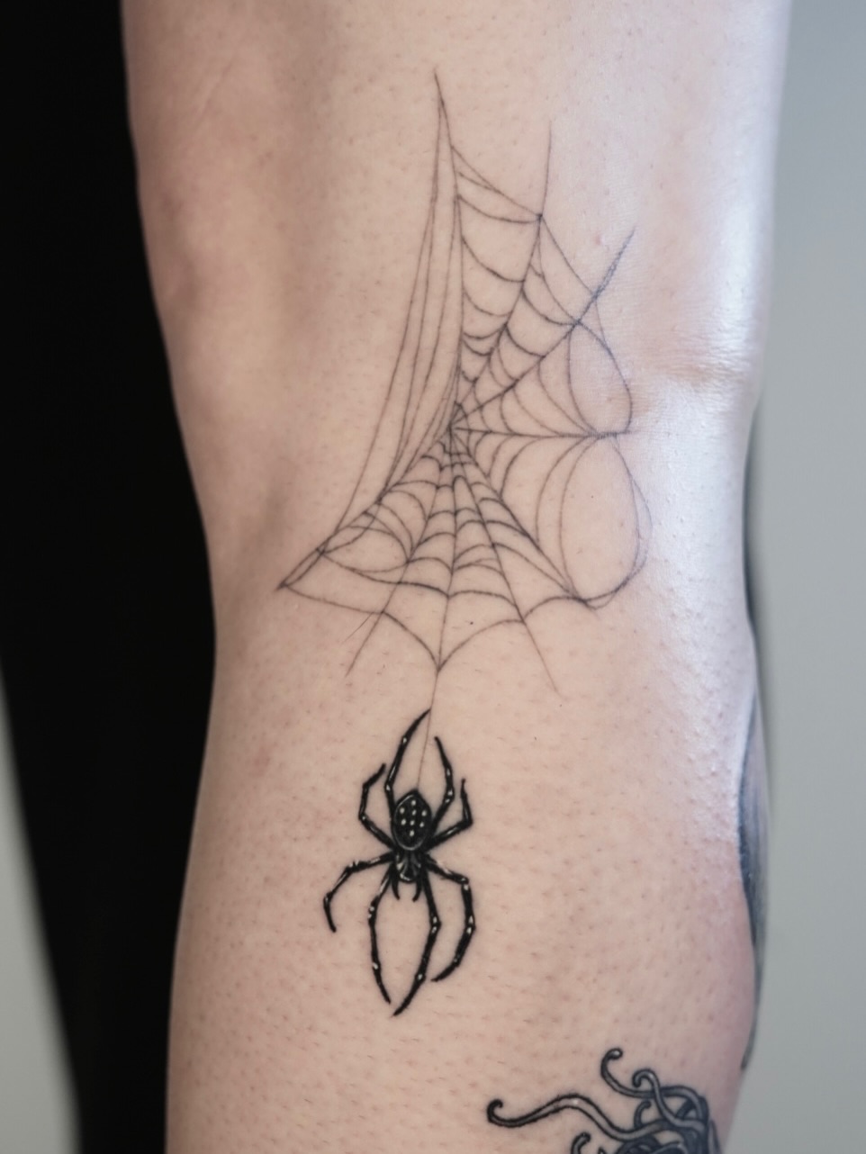 Spider web black and grey tattoo on the forearm by Tate Wortham