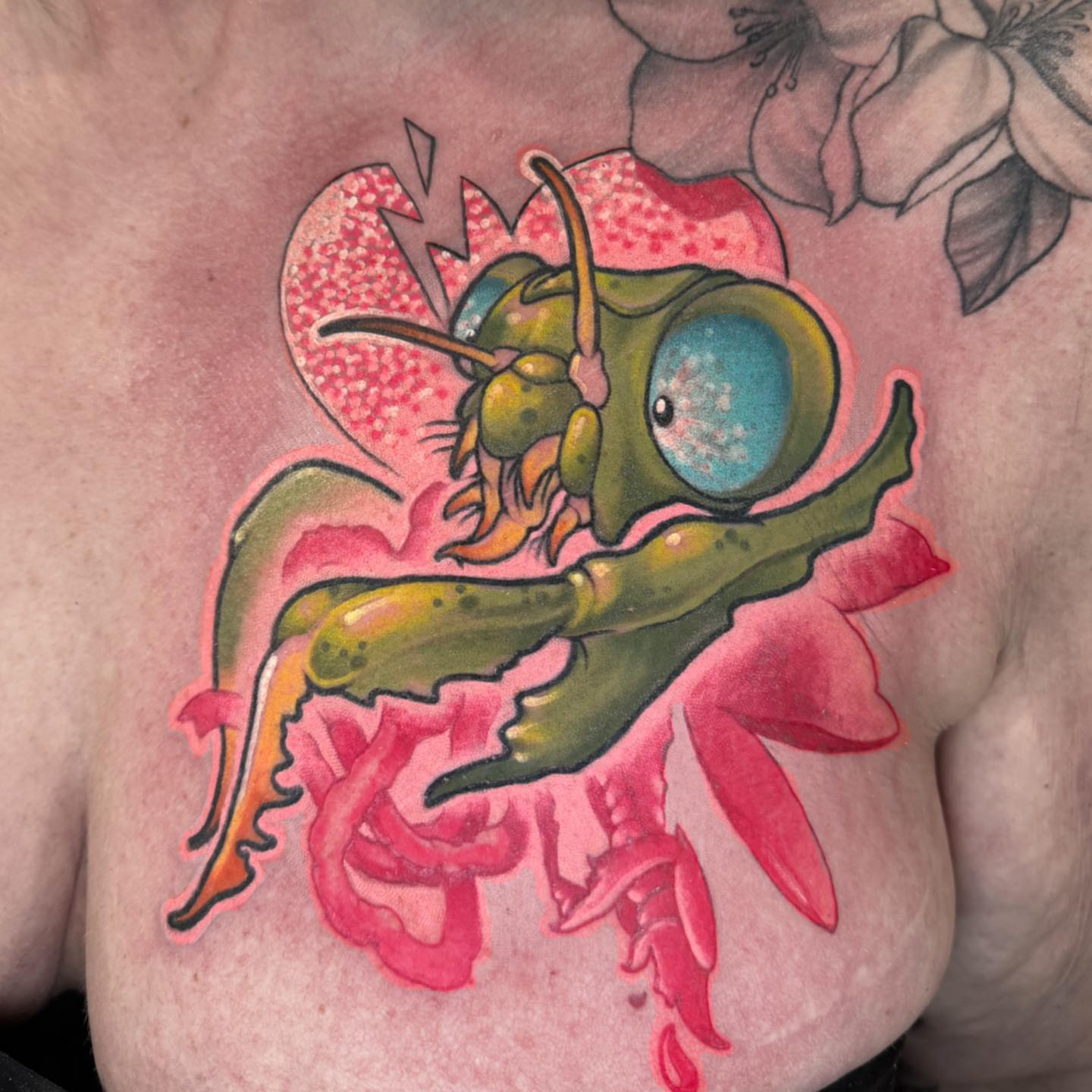Alien creature new school tattoo on the chest by Tattoos by Aeron Herald Maurbjorn, Sioux