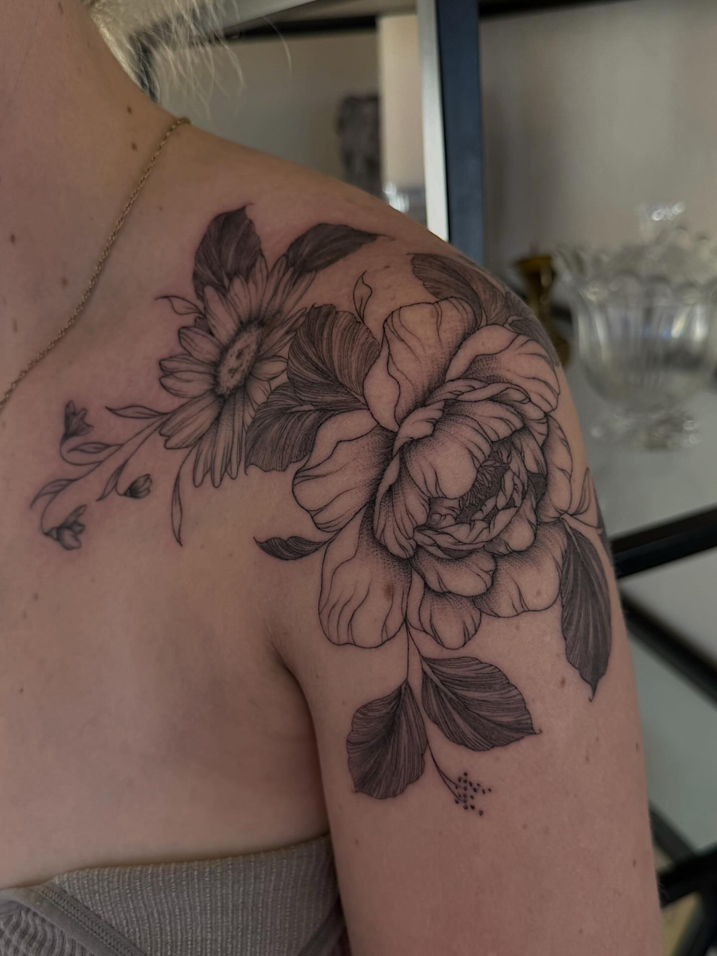 Flower bouquet realism tattoo on the shoulder by Shelby Lynn Bayles, Ogden, Utah