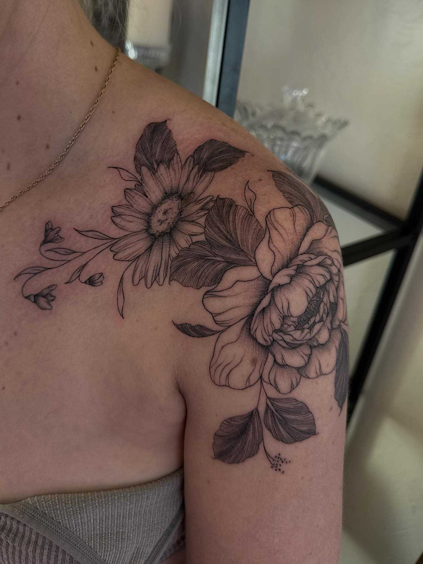 Flower bouquet realism tattoo on the shoulder by Shelby Lynn Bayles, Ogden, Utah