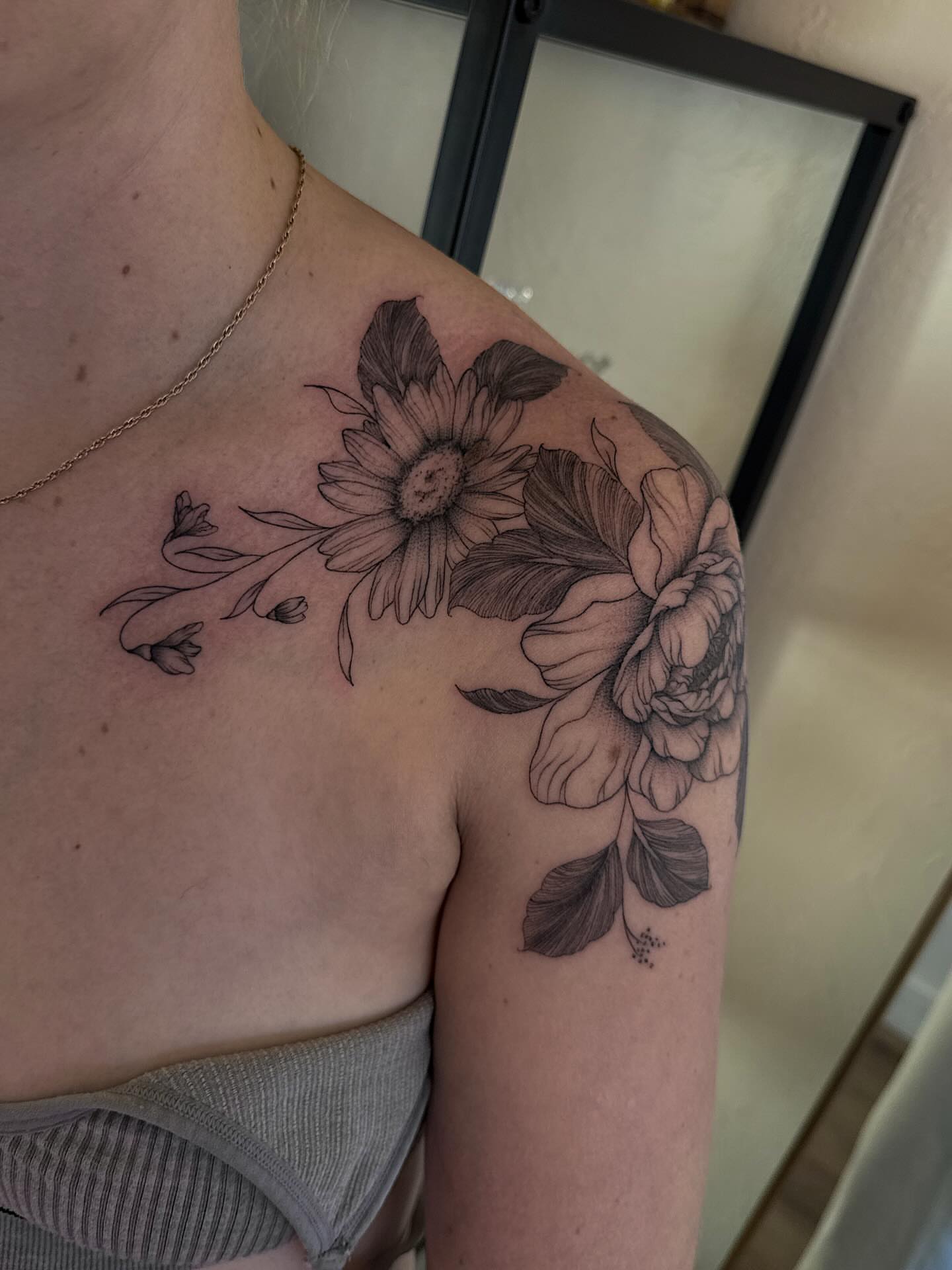 Floral arrangement black and grey tattoo on the shoulder by Shelby Lynn Bayles, Ogden, Utah