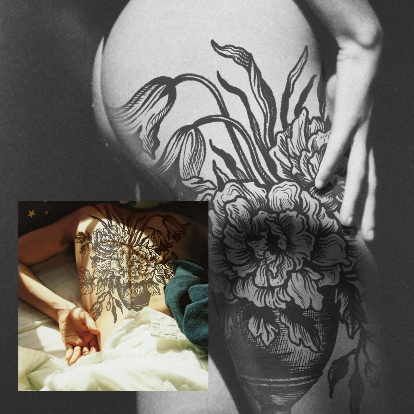 Floral arrangement black and grey tattoo on the thigh by Renee (Koi) Vance