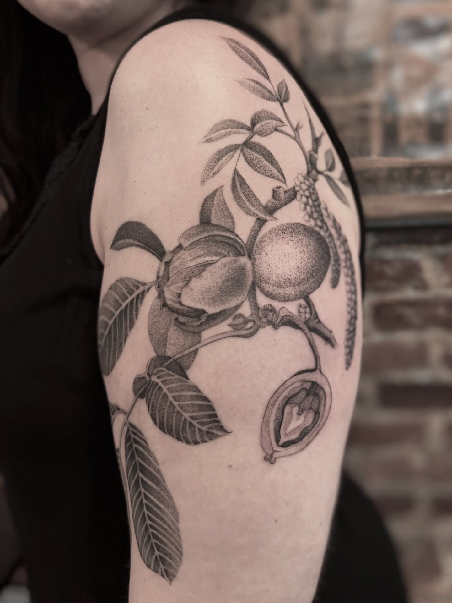 Nut tree dotwork tattoo on the upper arm by Jake Hodson, Nashville, Tennessee