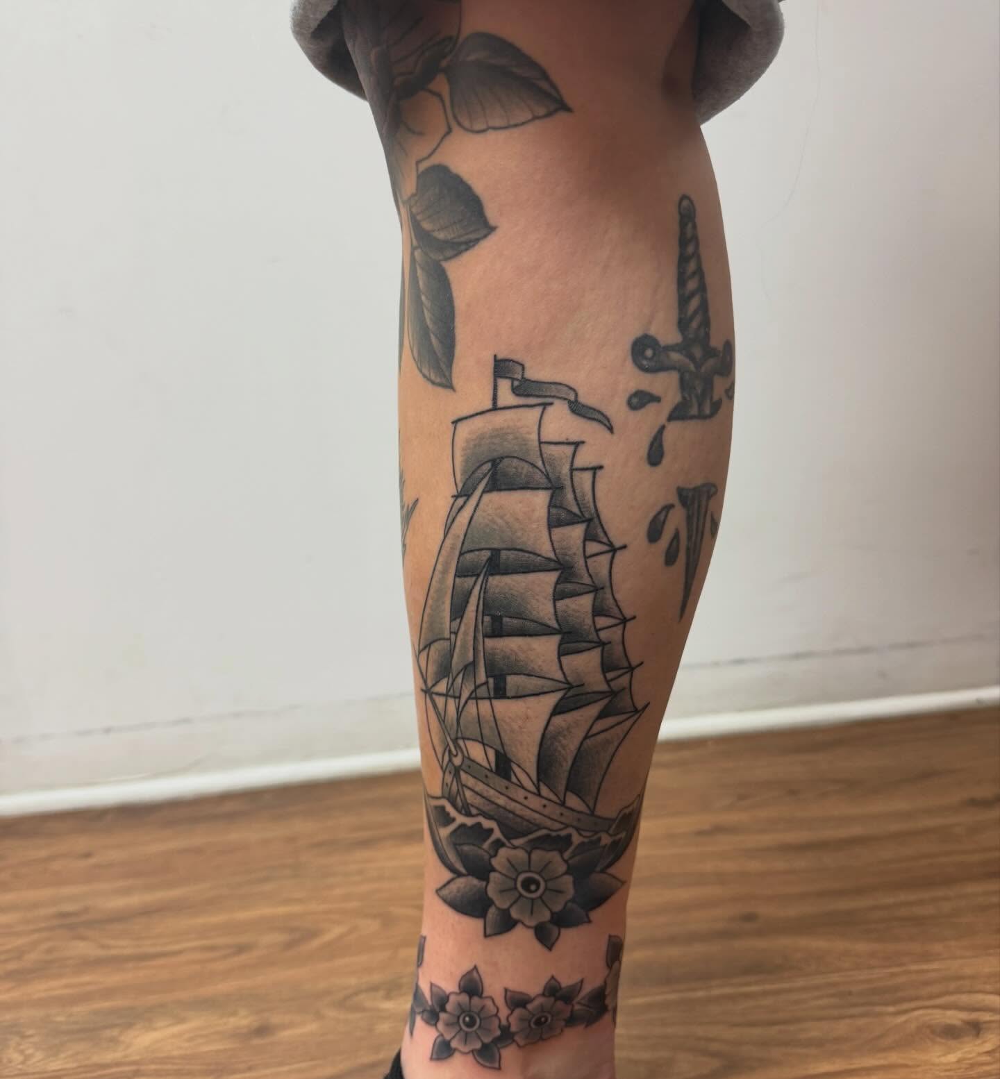 Ship and dagger American traditional tattoo on the forearm by McKenna Chalifoux