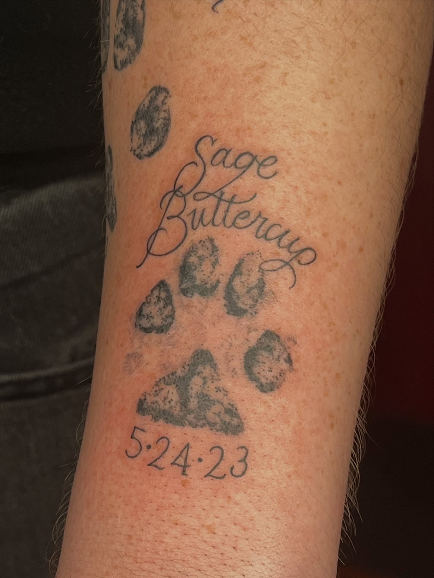 Dog paw prints dotwork tattoo on the forearm by Zoe Phan, Richmond, Virginia