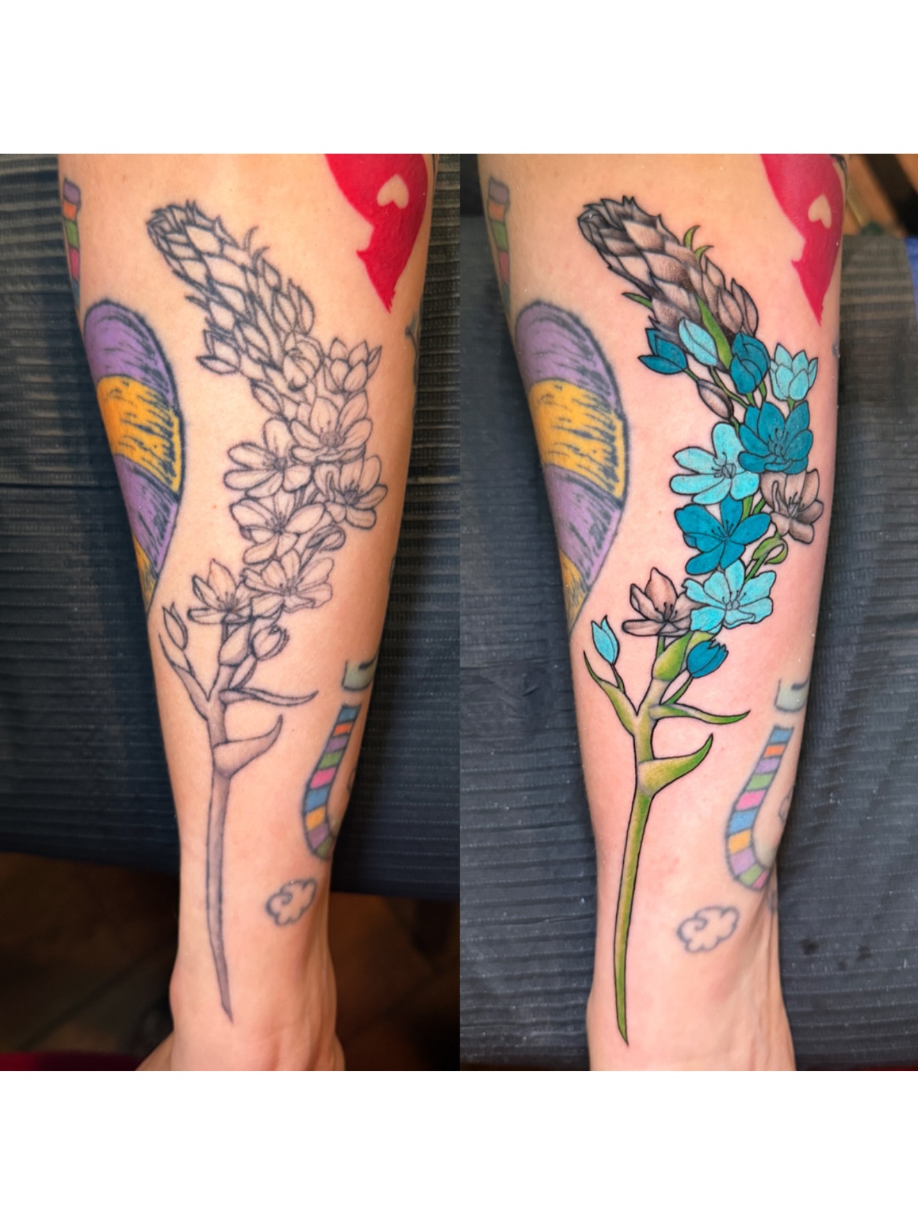 Bluebonnet new school tattoo on the calf by BRIK RANGEL - Tattoo Artist