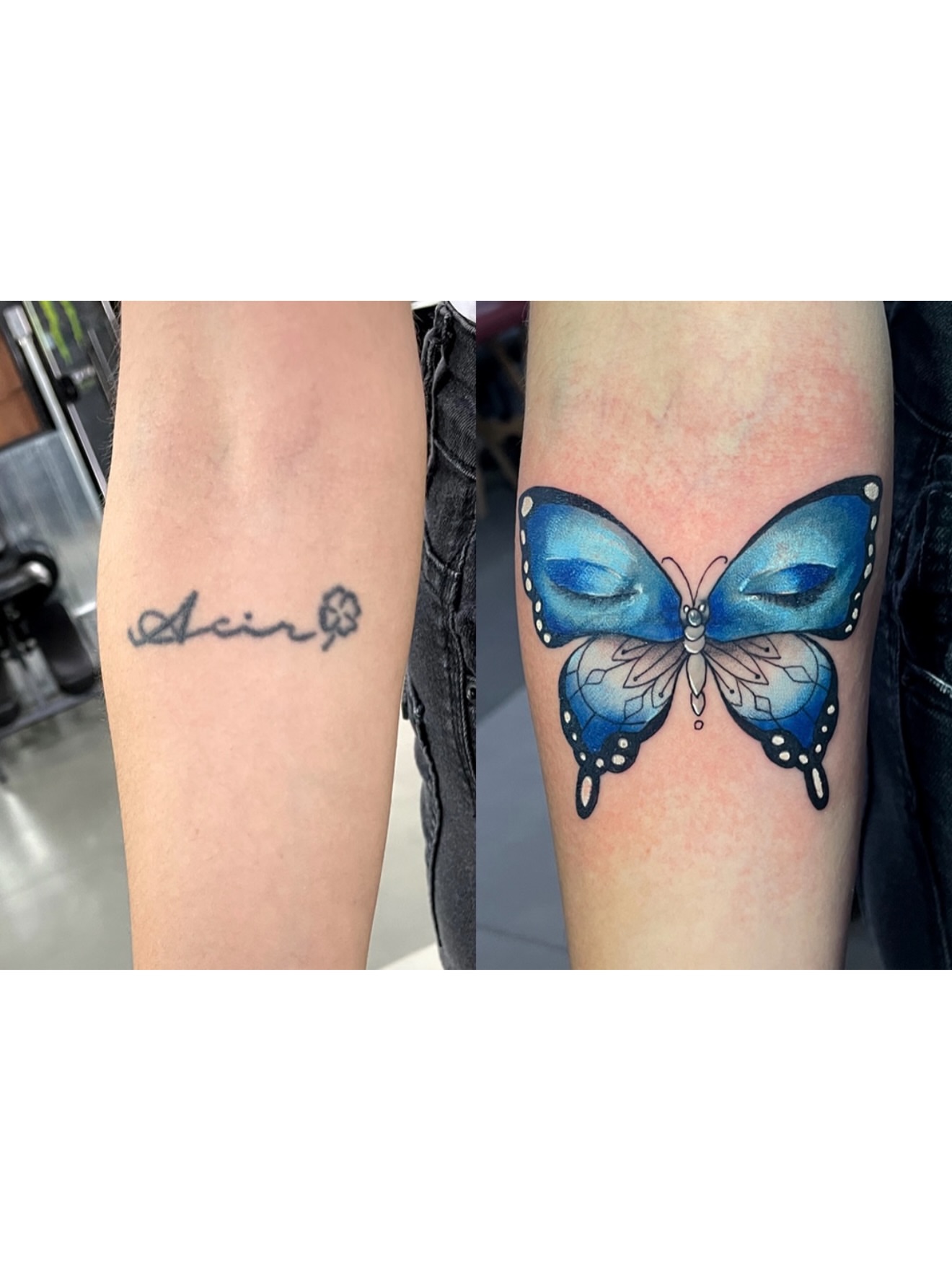 Blue butterfly realism tattoo on the forearm by BRIK RANGEL - Tattoo Artist