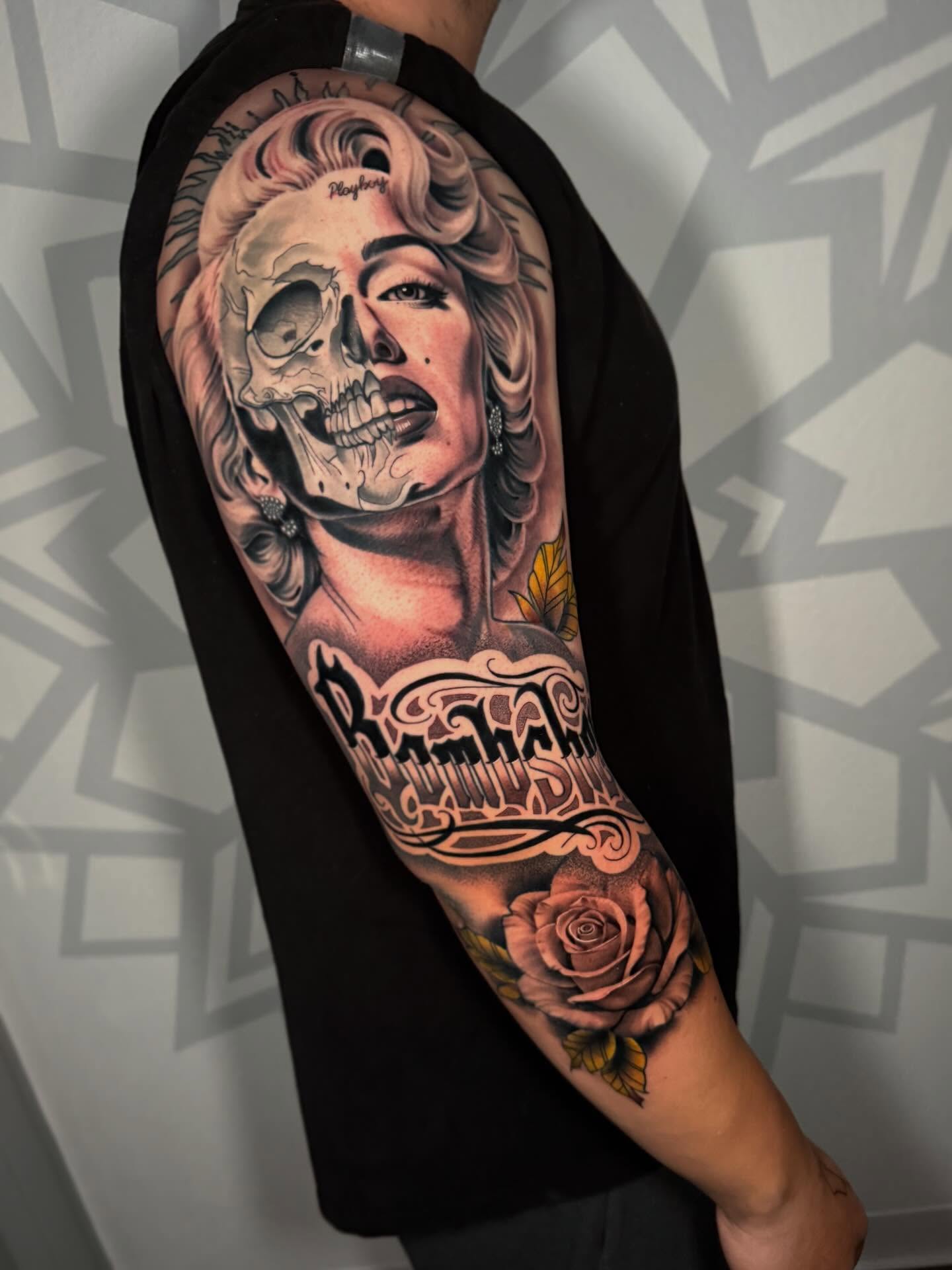 Skull and woman American traditional tattoo on the forearm by Las Vegas Tattoo Artist, Las Vegas, Nevada