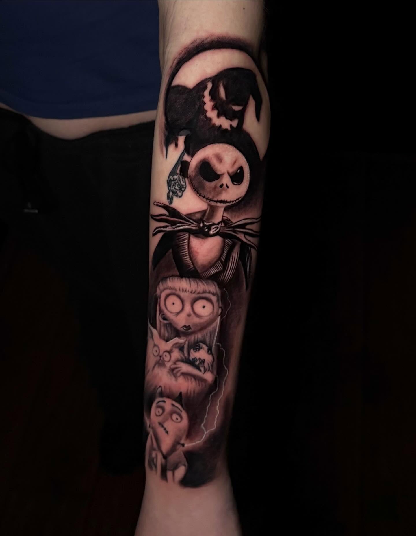 The nightmare before christmas characters dark realism tattoo on the forearm by Lee