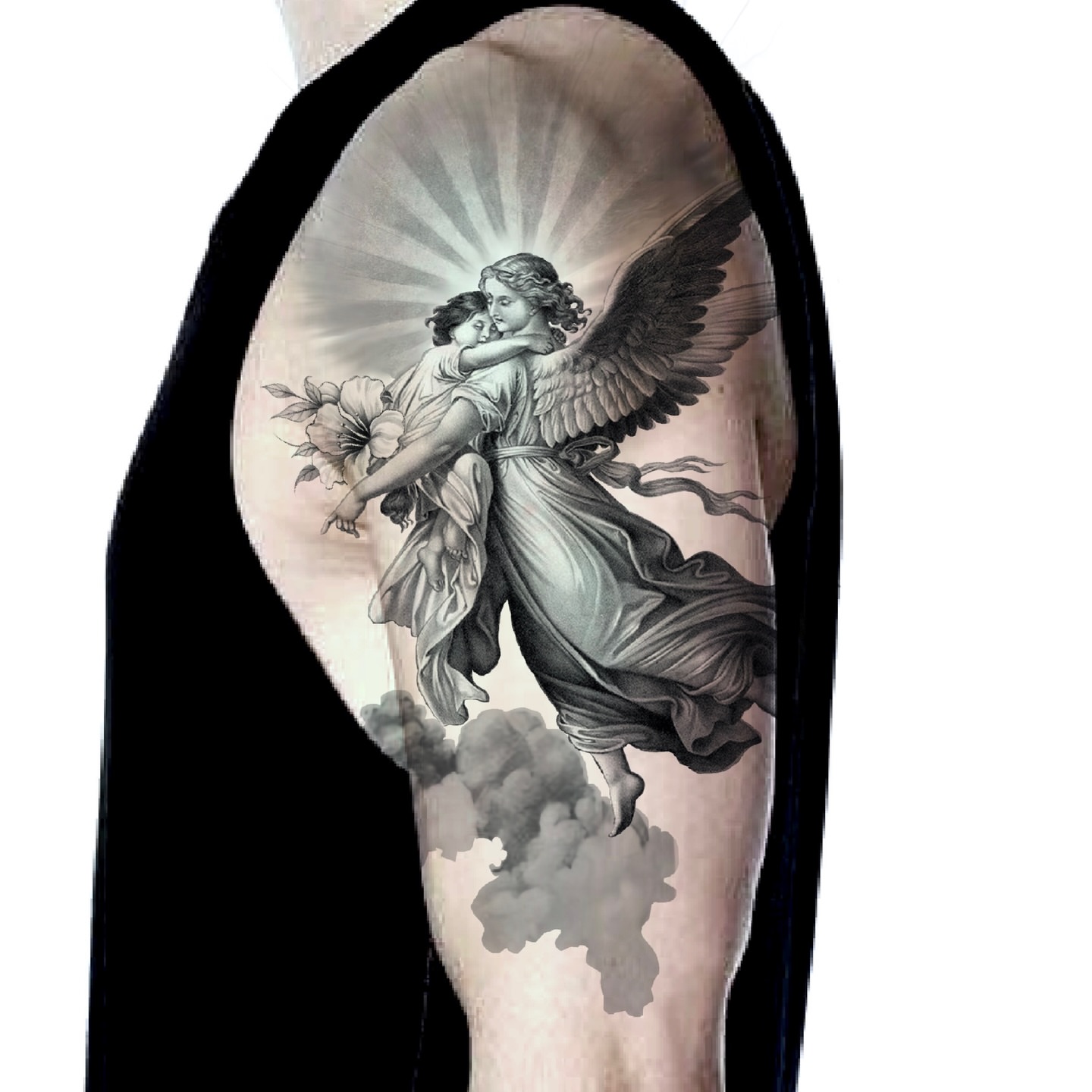 Angel and child realism tattoo on the forearm by Zonghuan Wu