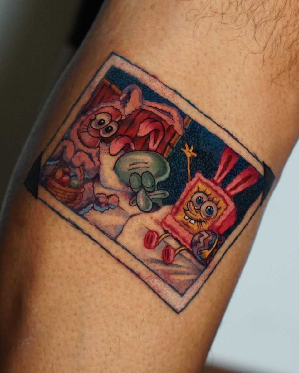 SpongeBob SquarePants new school tattoo on the forearm by San Diego Color Realism and Neotraditional