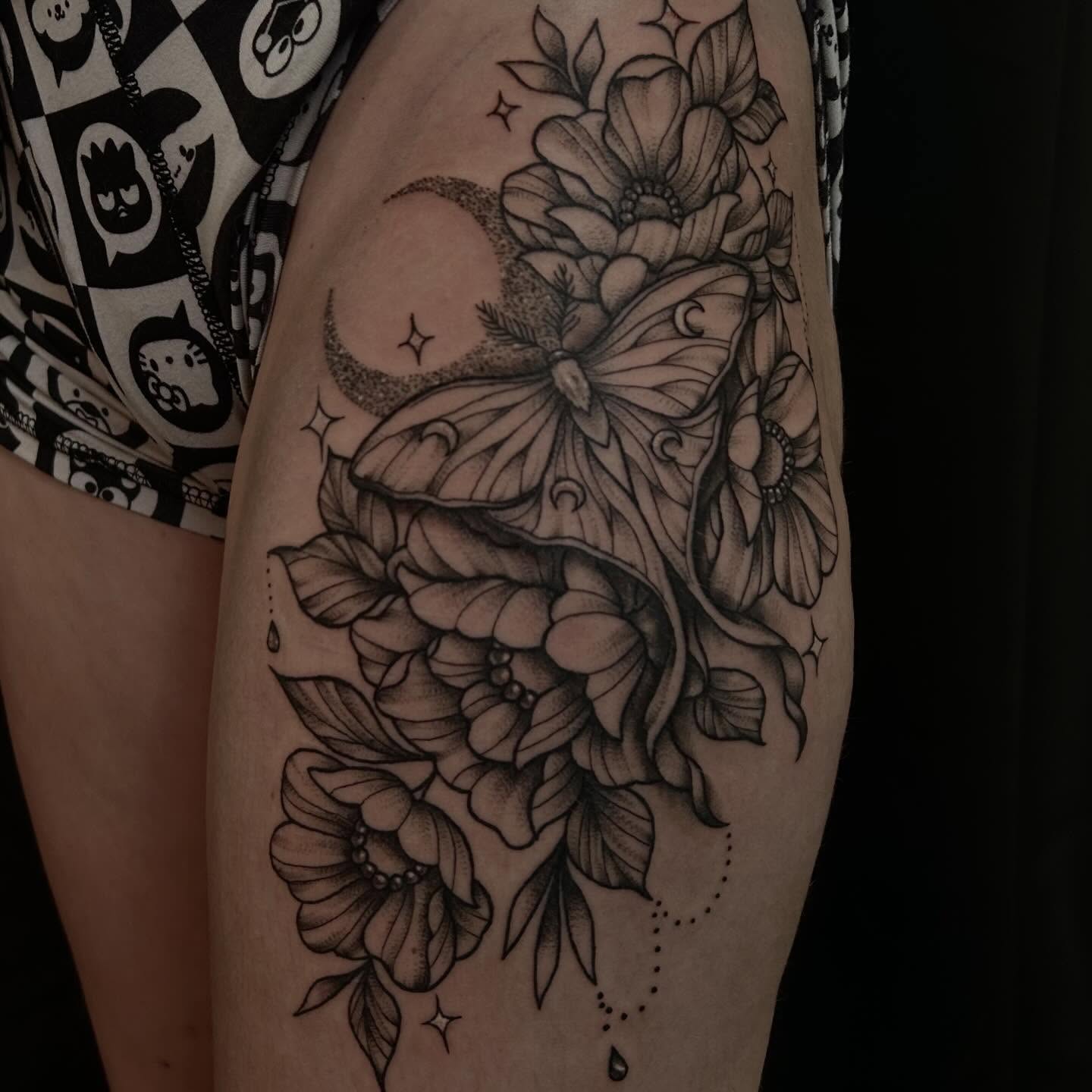 Flowers and butterfly dotwork tattoo on the thigh by abby ☽ marie