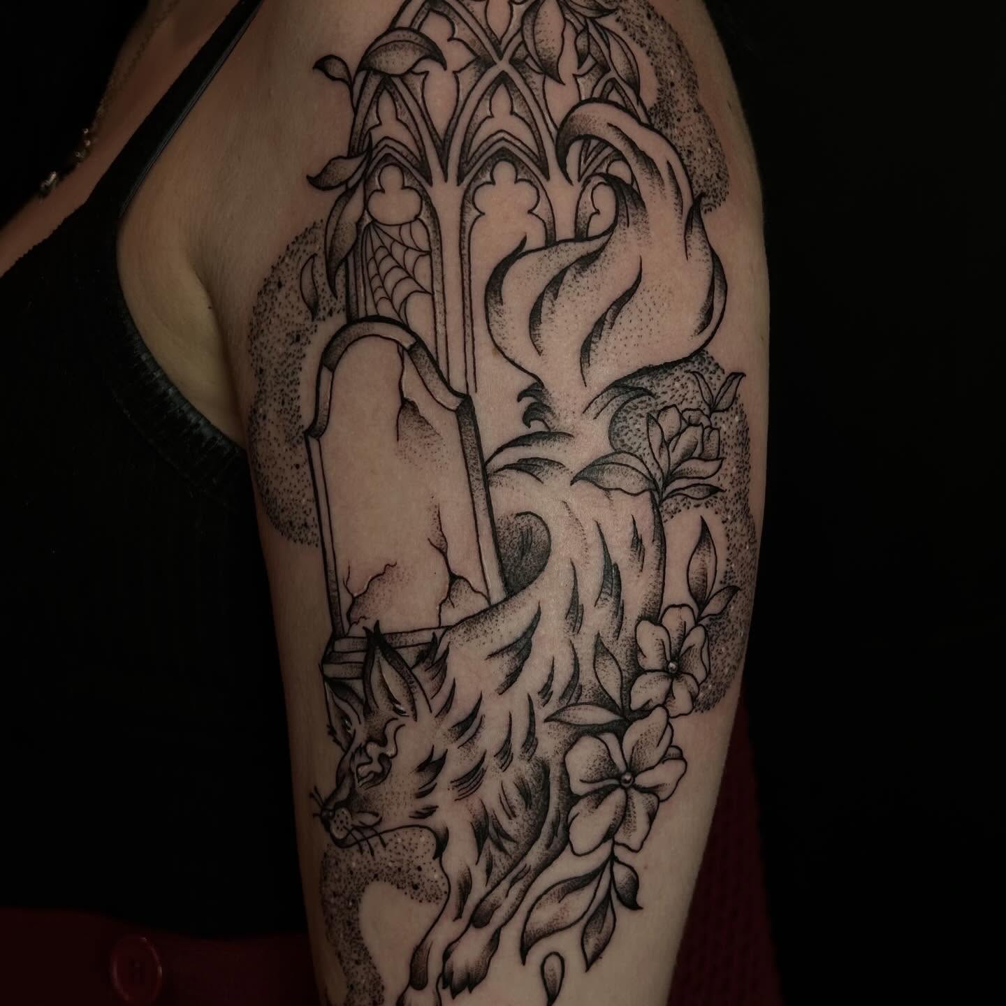 Gothic window and dragon dotwork tattoo on the forearm by abby ☽ marie