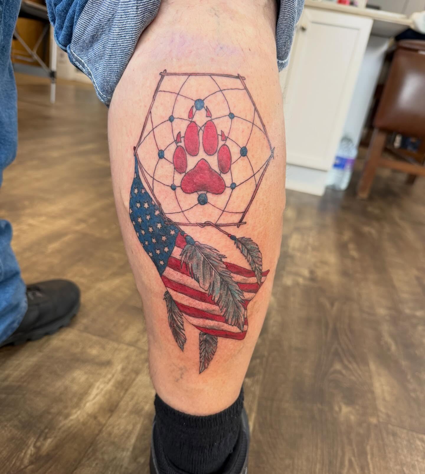 Dreamcatcher dotwork tattoo on the thigh by Hope Powell, Vancouver, Washington